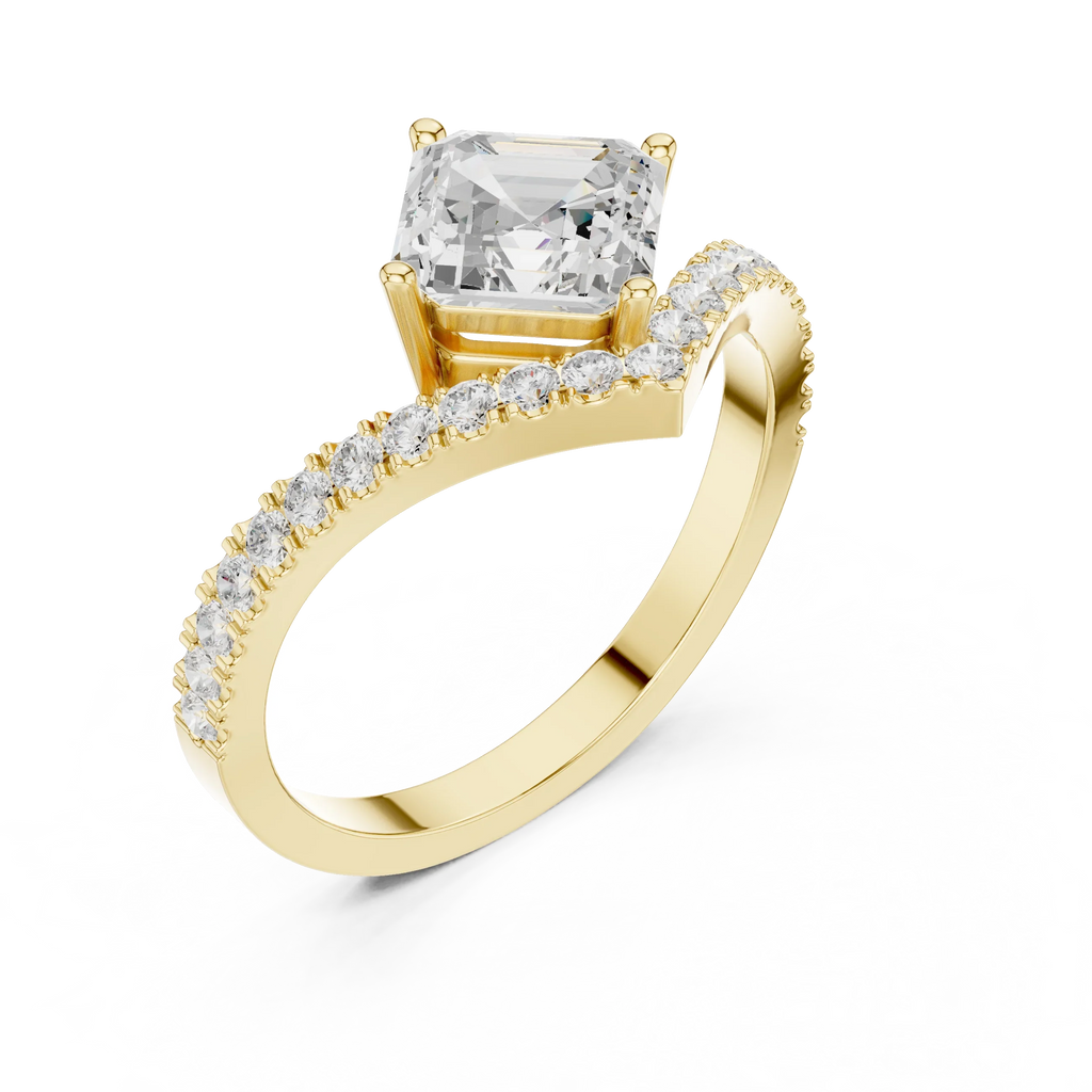 14K Gold Asscher Cut V Shape Chevron Curved Diamond Ring, Lab Grown Diamond Bridal Ring