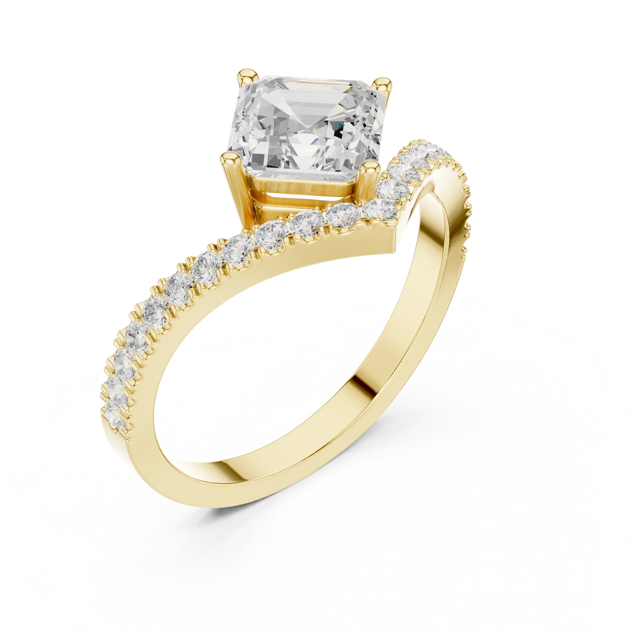 14K Gold Asscher Cut V Shape Chevron Curved Diamond Ring, Lab Grown Diamond Bridal Ring