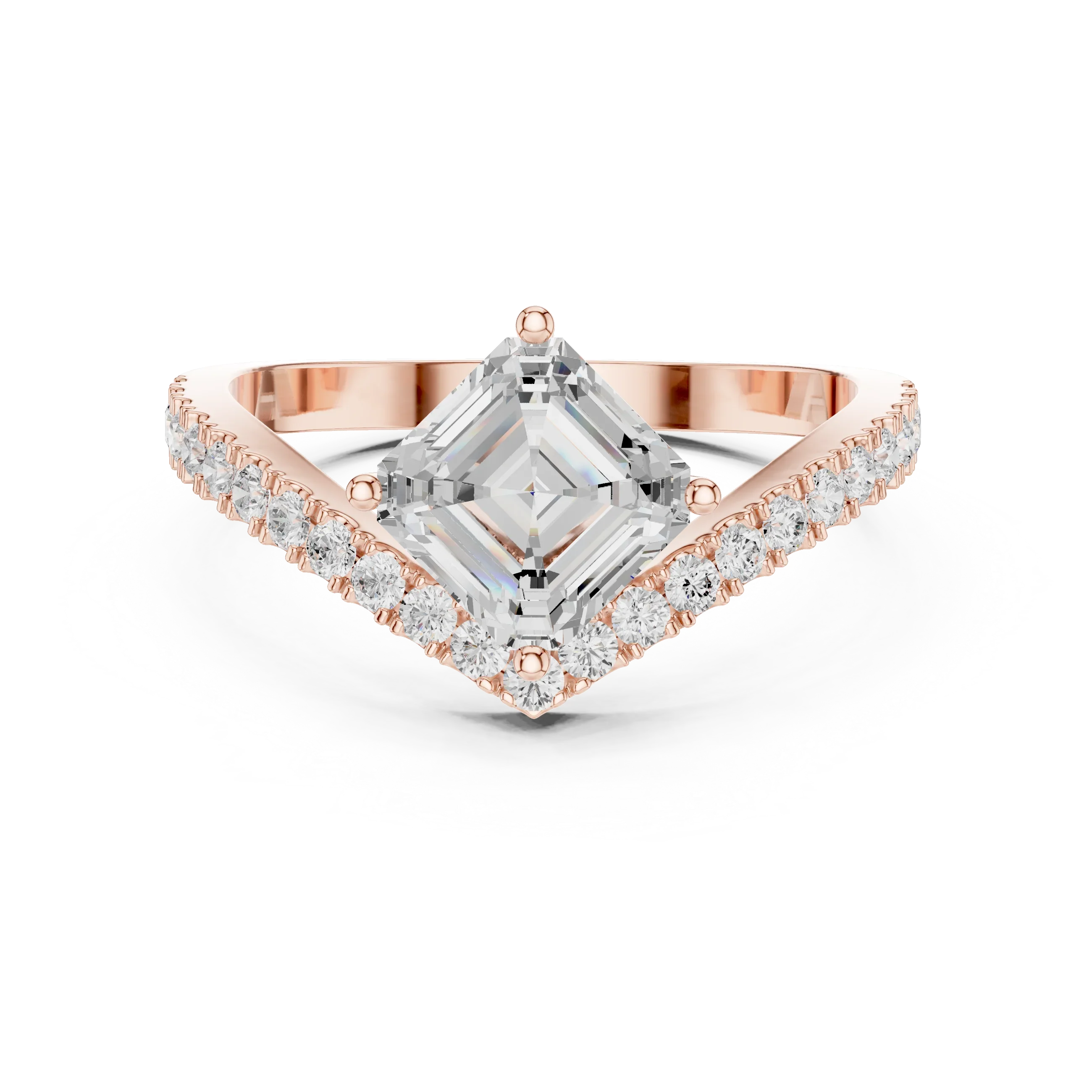 14K Gold Asscher Cut V Shape Chevron Curved Diamond Ring, Lab Grown Diamond Bridal Ring