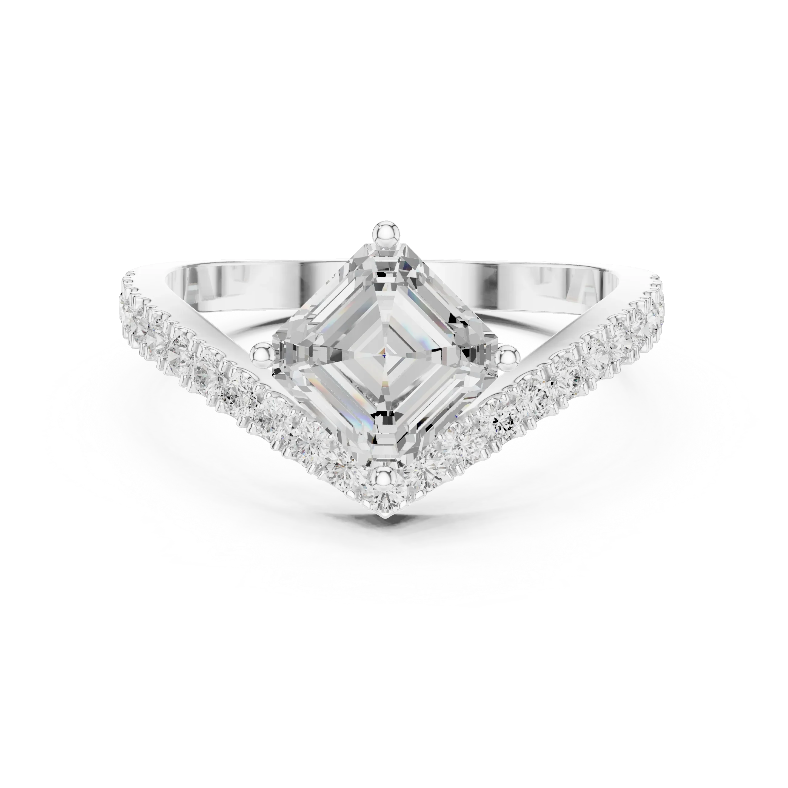 14K Gold Asscher Cut V Shape Chevron Curved Diamond Ring, Lab Grown Diamond Bridal Ring