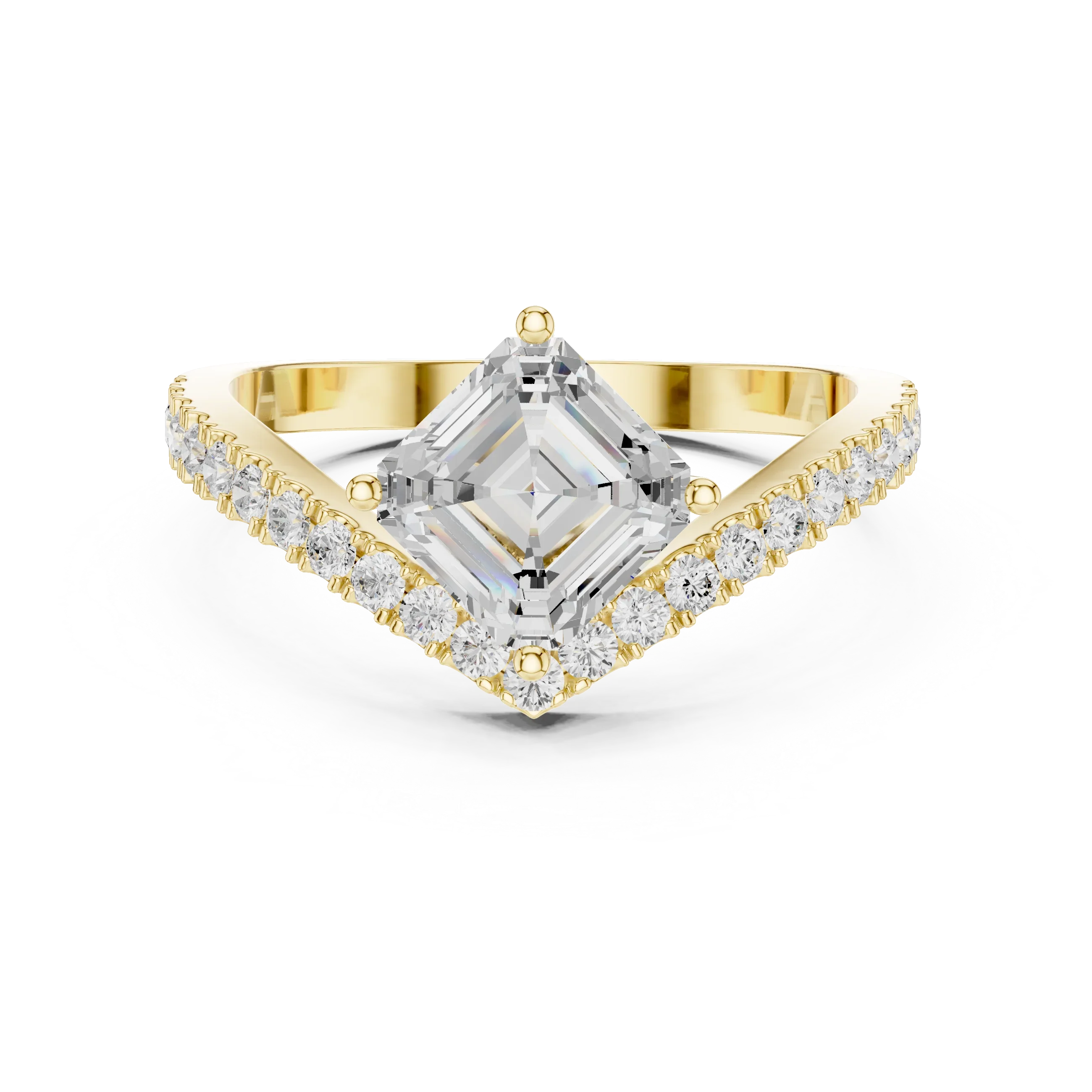 14K Gold Asscher Cut V Shape Chevron Curved Diamond Ring, Lab Grown Diamond Bridal Ring