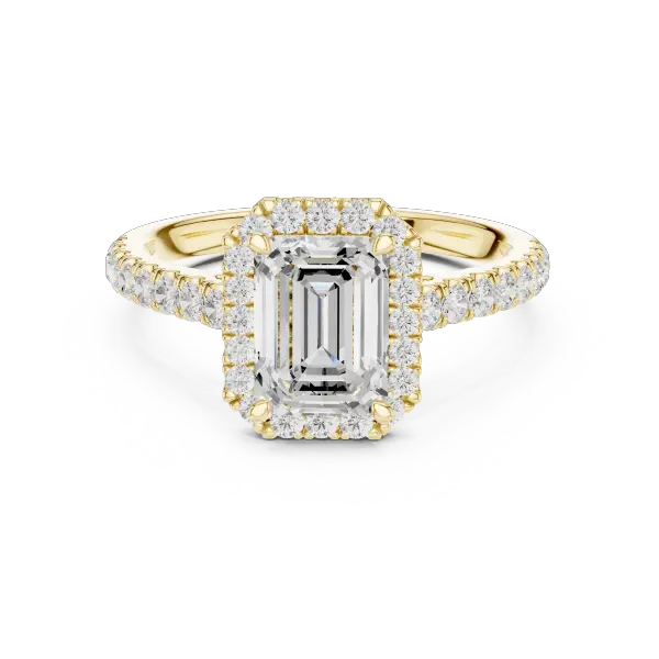 Moissanite Emerald Cut Diamond Halo Ring for Women 18K Yellow Gold