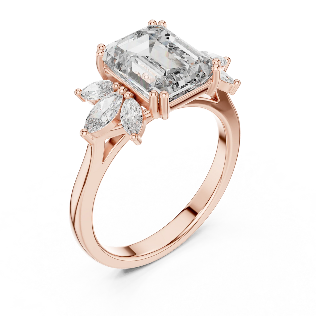 Emerald Cut 3.58 CTTW Moissanite 18K Gold Floral Ring