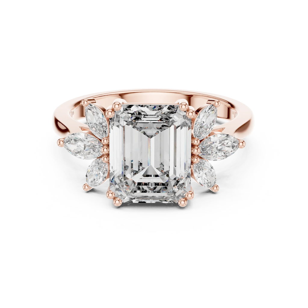 Emerald Cut 3.58 CTTW Moissanite 18K Gold Floral Ring
