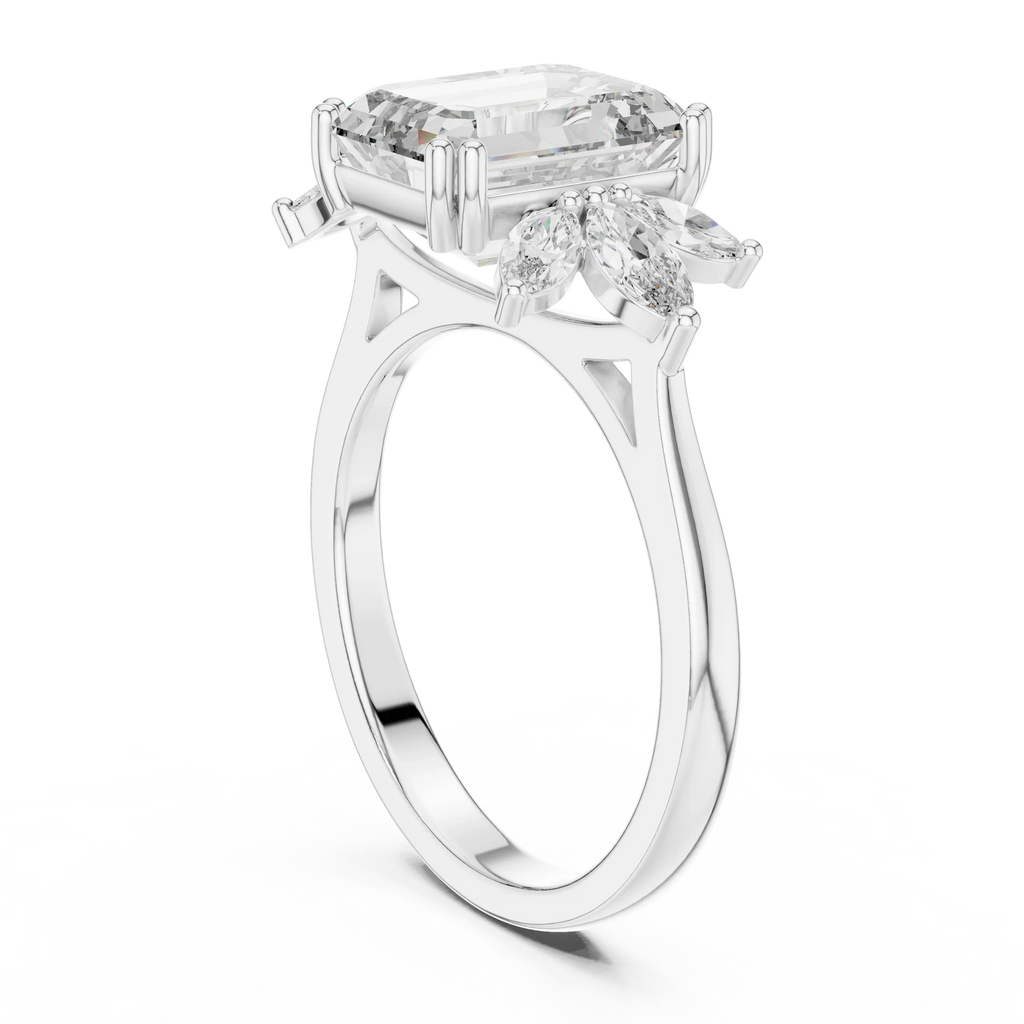 Emerald Cut 3.58 CTTW Moissanite 18K Gold Floral Ring