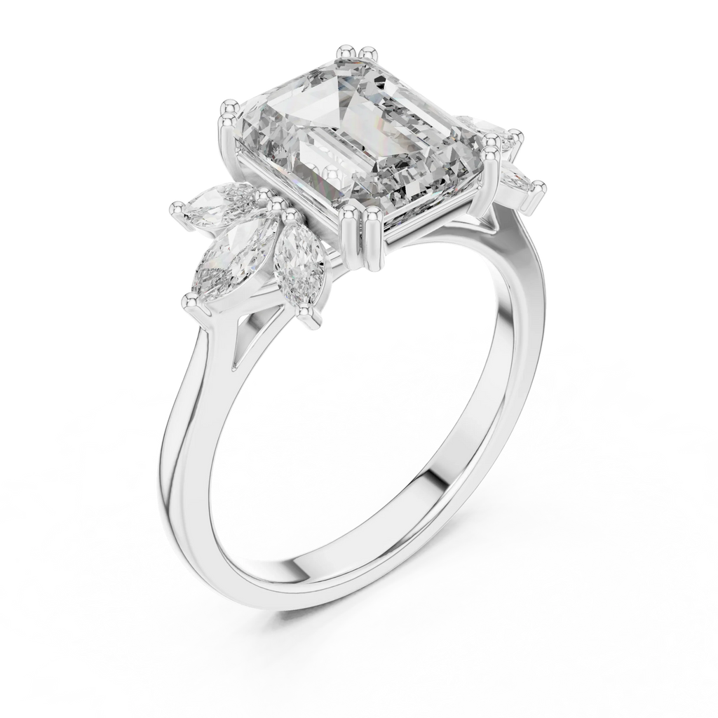 Emerald Cut 3.58 CTTW Moissanite 18K Gold Floral Ring