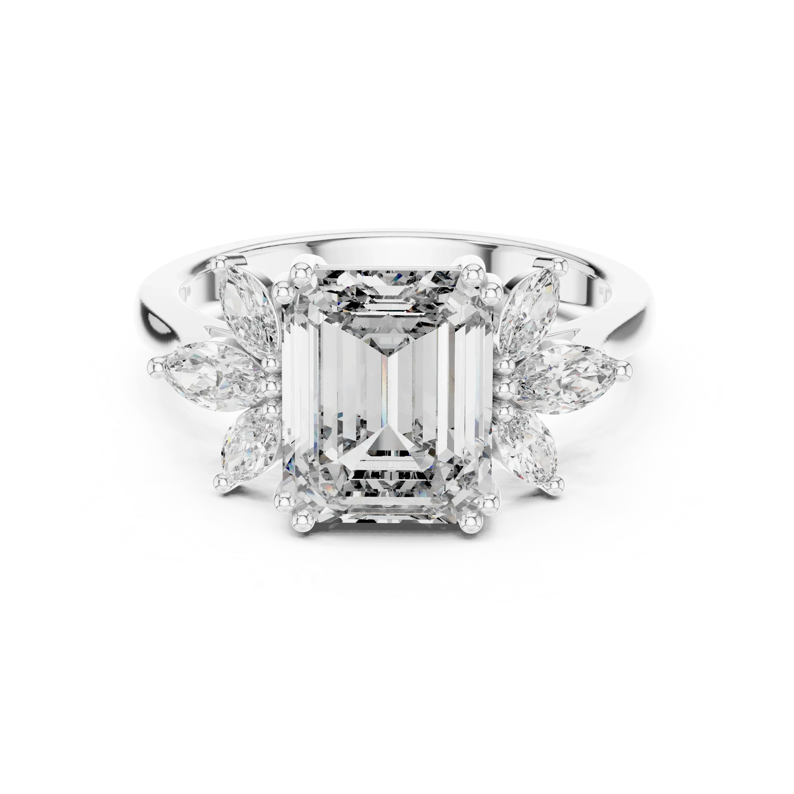Emerald Cut 3.58 CTTW Moissanite 18K Gold Floral Ring