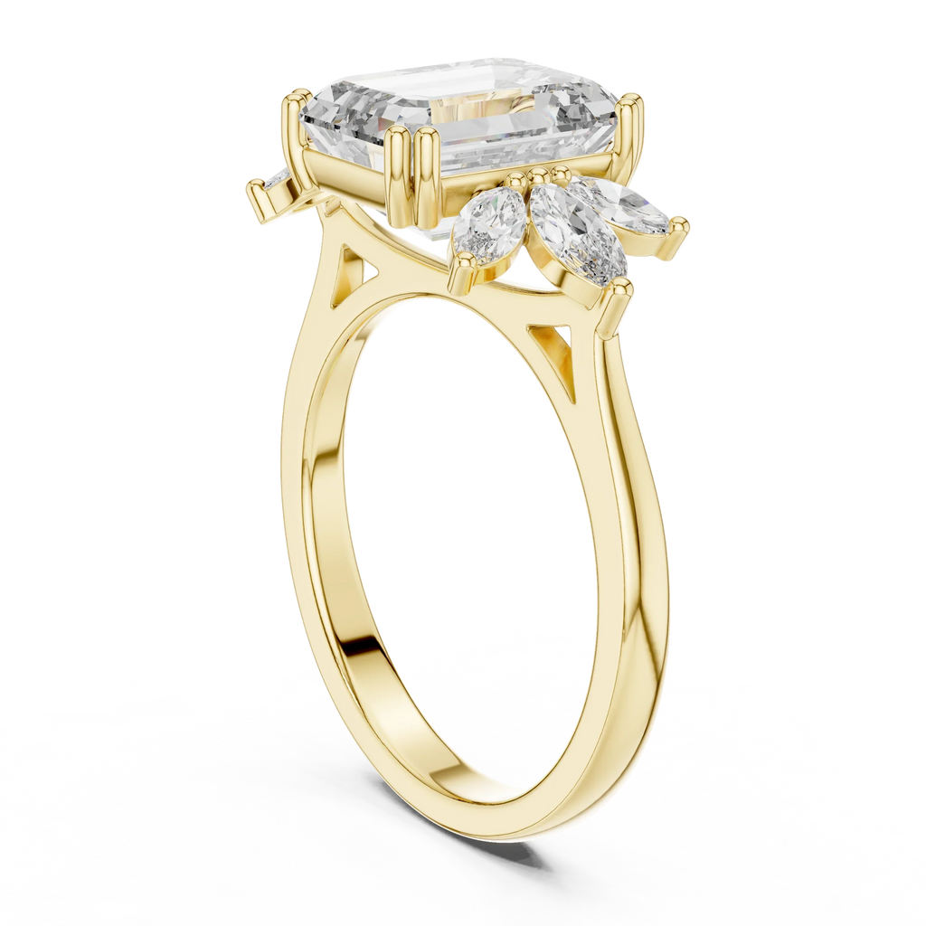 Emerald Cut 3.58 CTTW Moissanite 18K Gold Floral Ring
