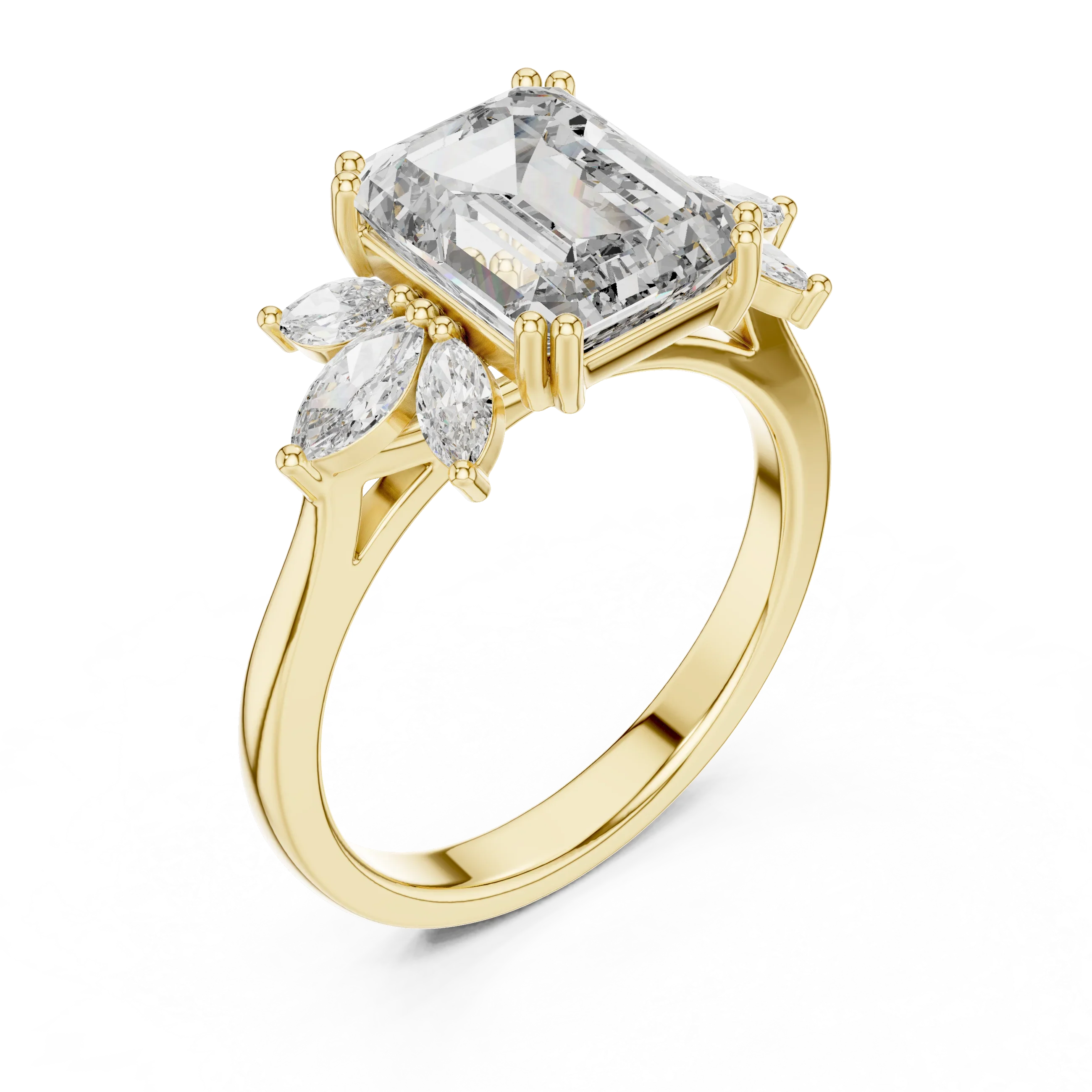 Emerald Cut 3.58 CTTW Moissanite 18K Gold Floral Ring