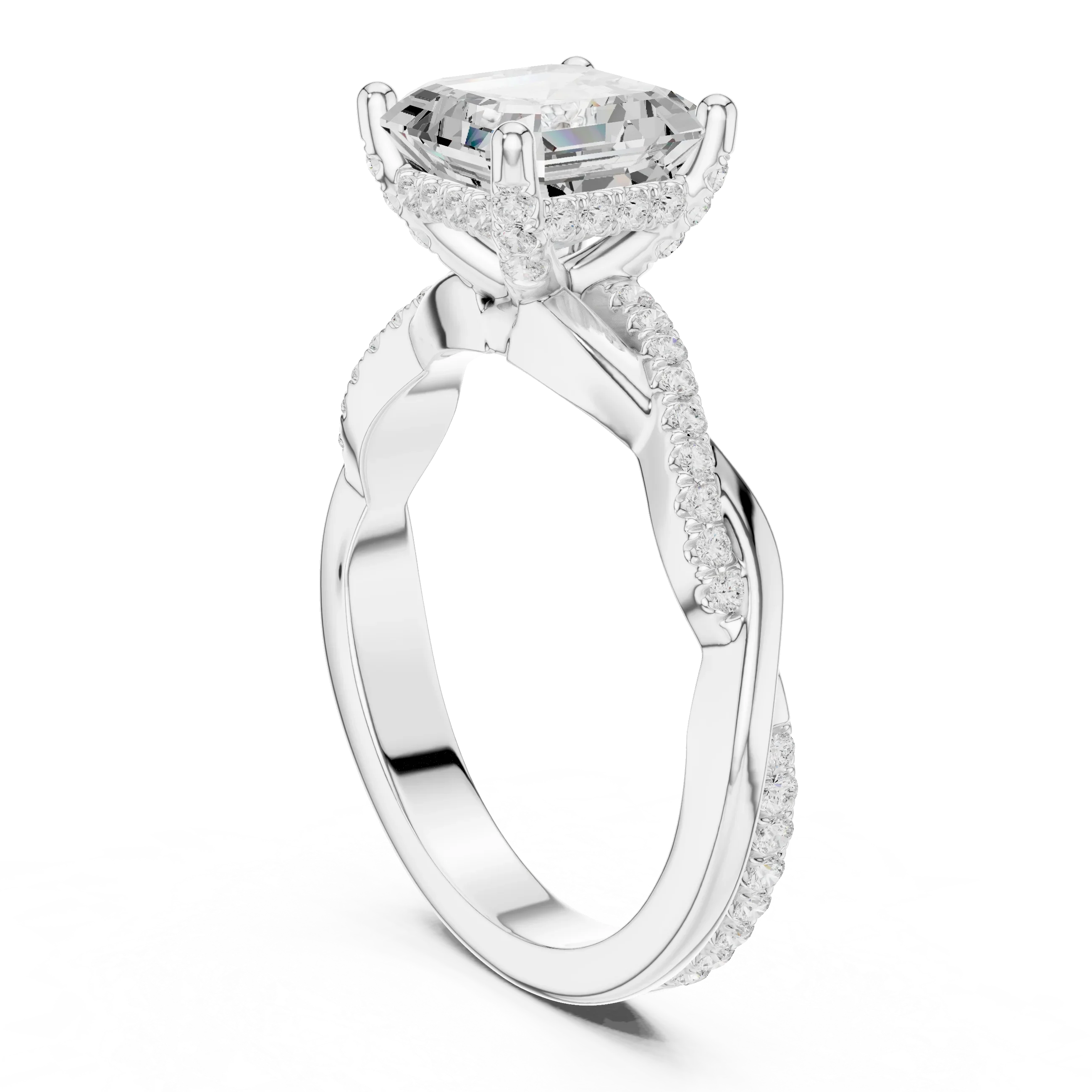 Asscher Cut Hidden Halo 2.37 CT Twisted Infinity Pave Engagement Ring in 10K White Gold