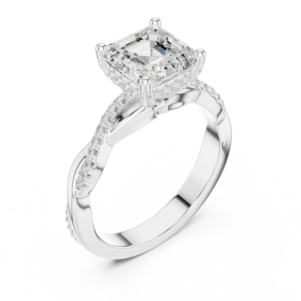Asscher Cut Hidden Halo 2.37 CT Twisted Infinity Pave Engagement Ring in 10K White Gold
