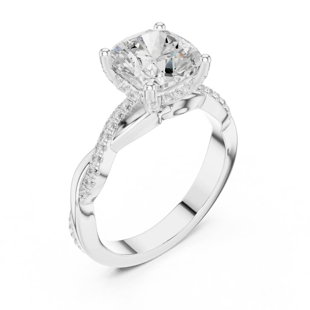 Cushion Cut Hidden Halo 2.37 CT Twisted Infinity Pave Engagement Ring in 10K White Gold