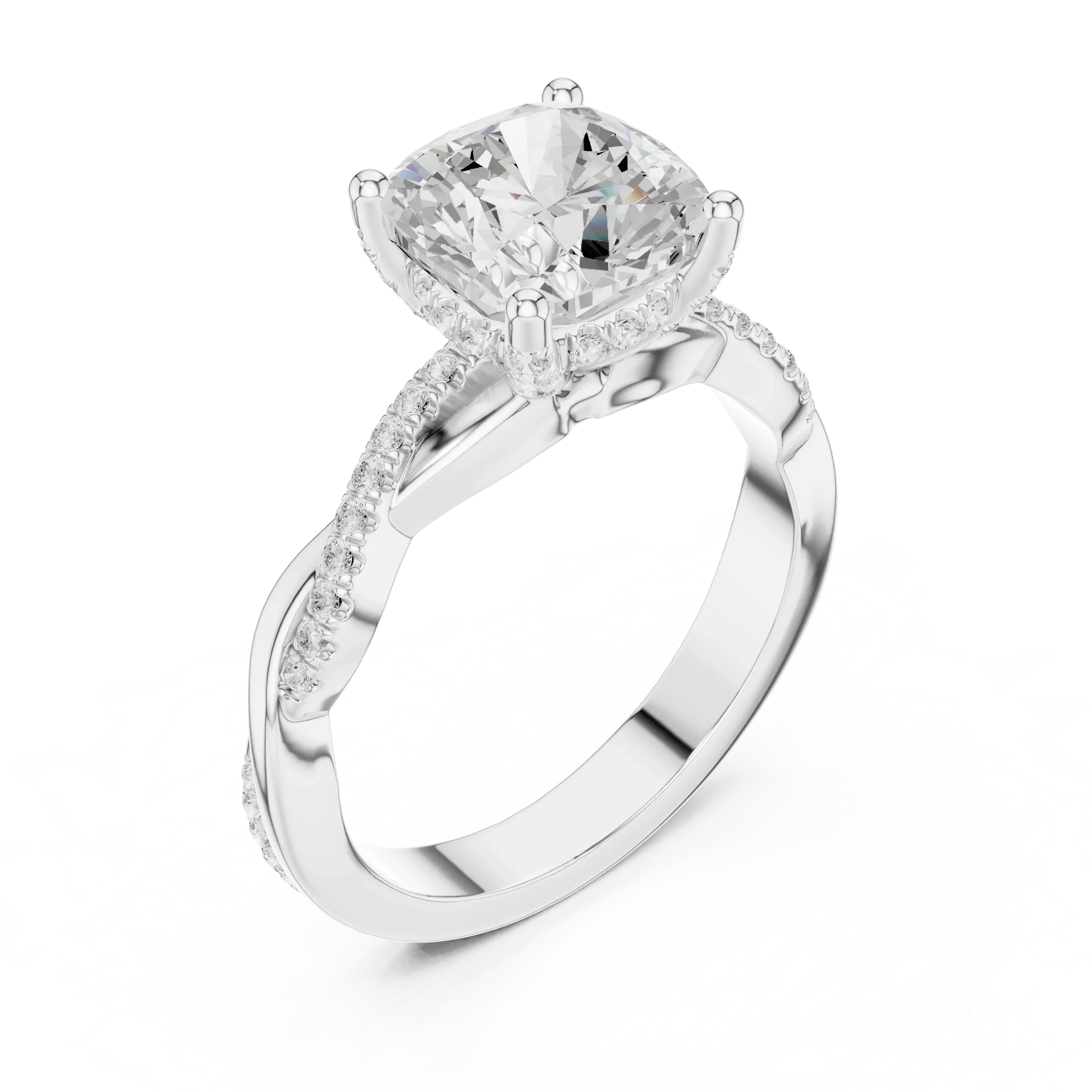 Cushion Cut Hidden Halo 2.37 CT Twisted Infinity Pave Engagement Ring in 10K White Gold