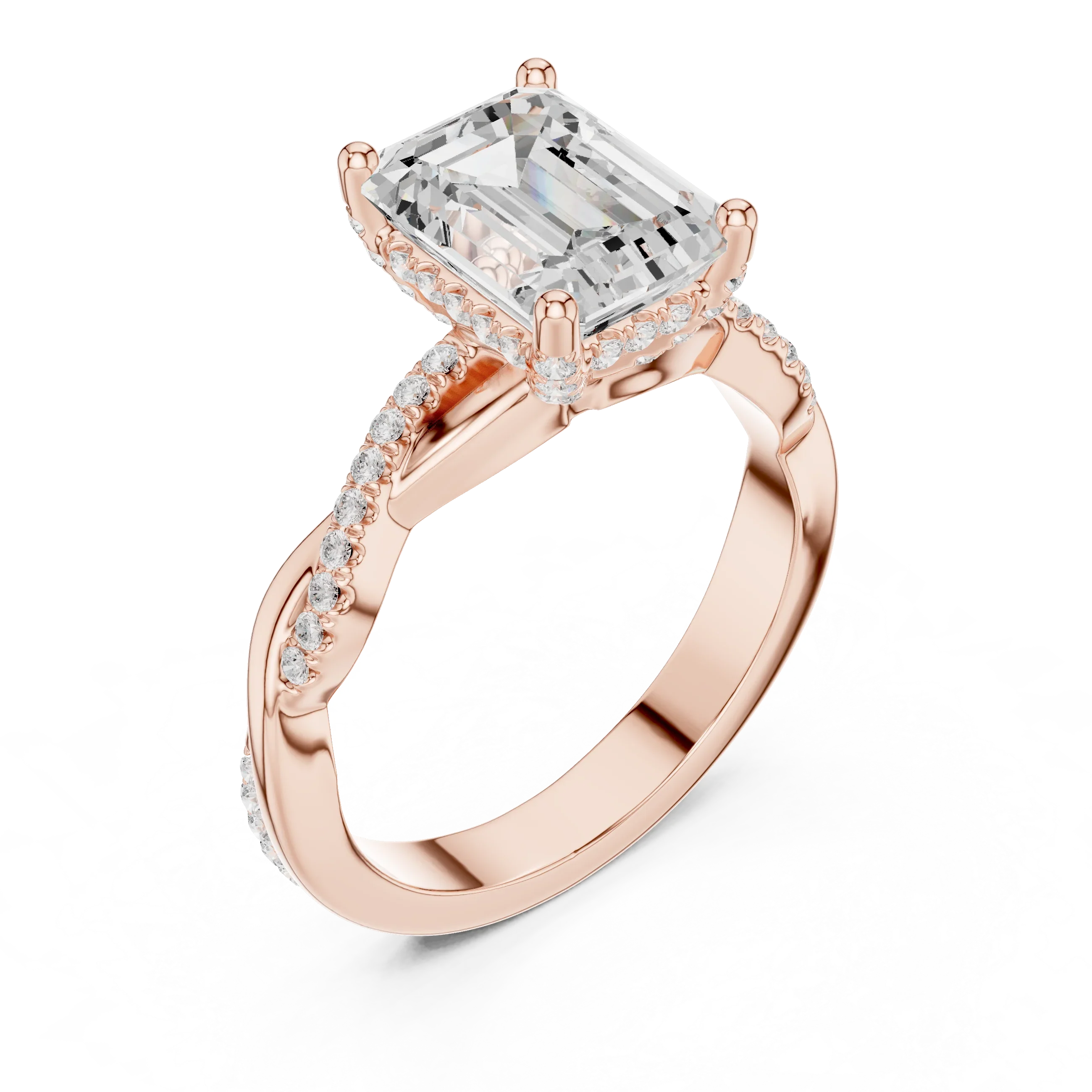 Emerald Cut Hidden Halo 2.37 CT Twisted Infinity Pave Engagement Ring in 10K White Gold