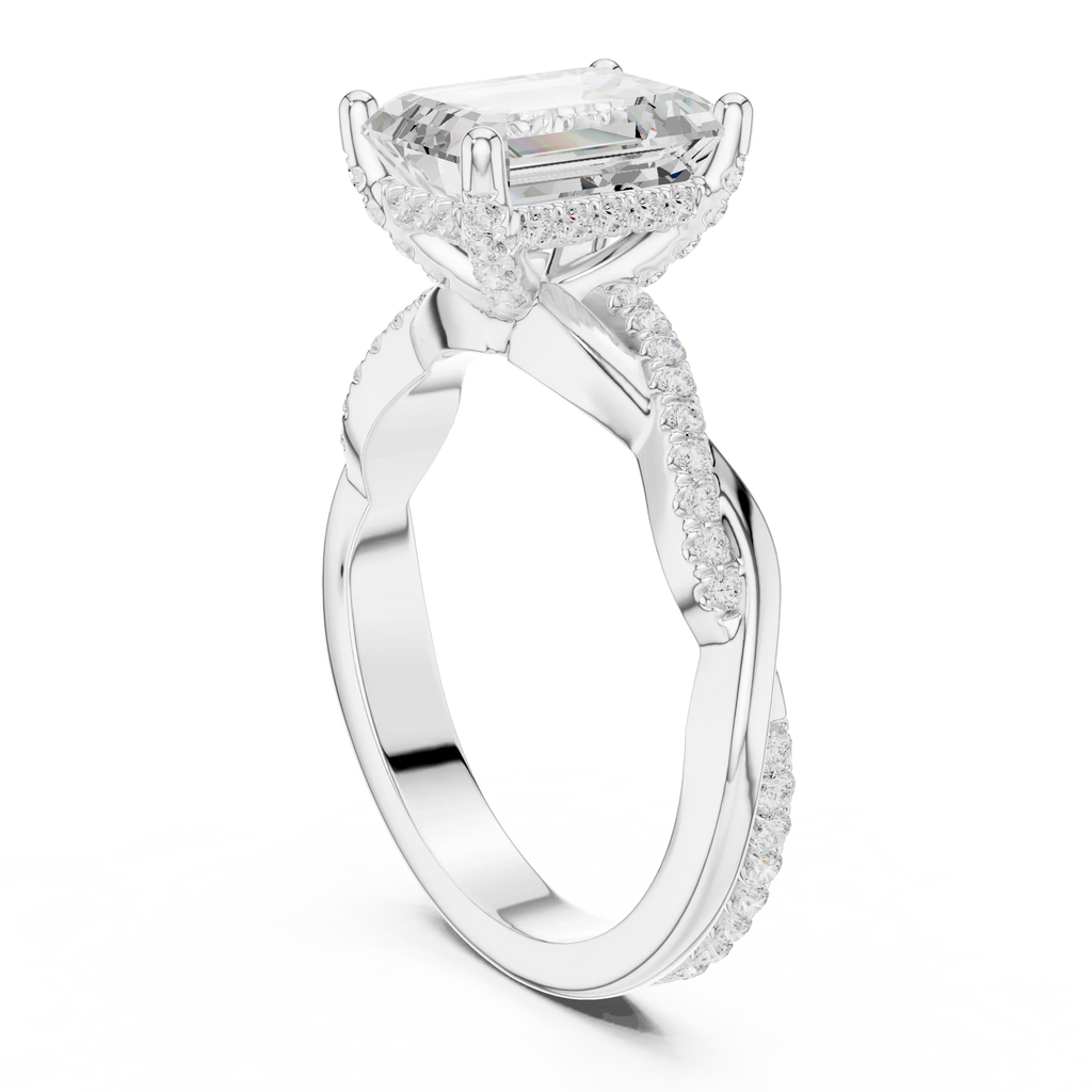 Emerald Cut Hidden Halo 2.37 CT Twisted Infinity Pave Engagement Ring in 10K White Gold