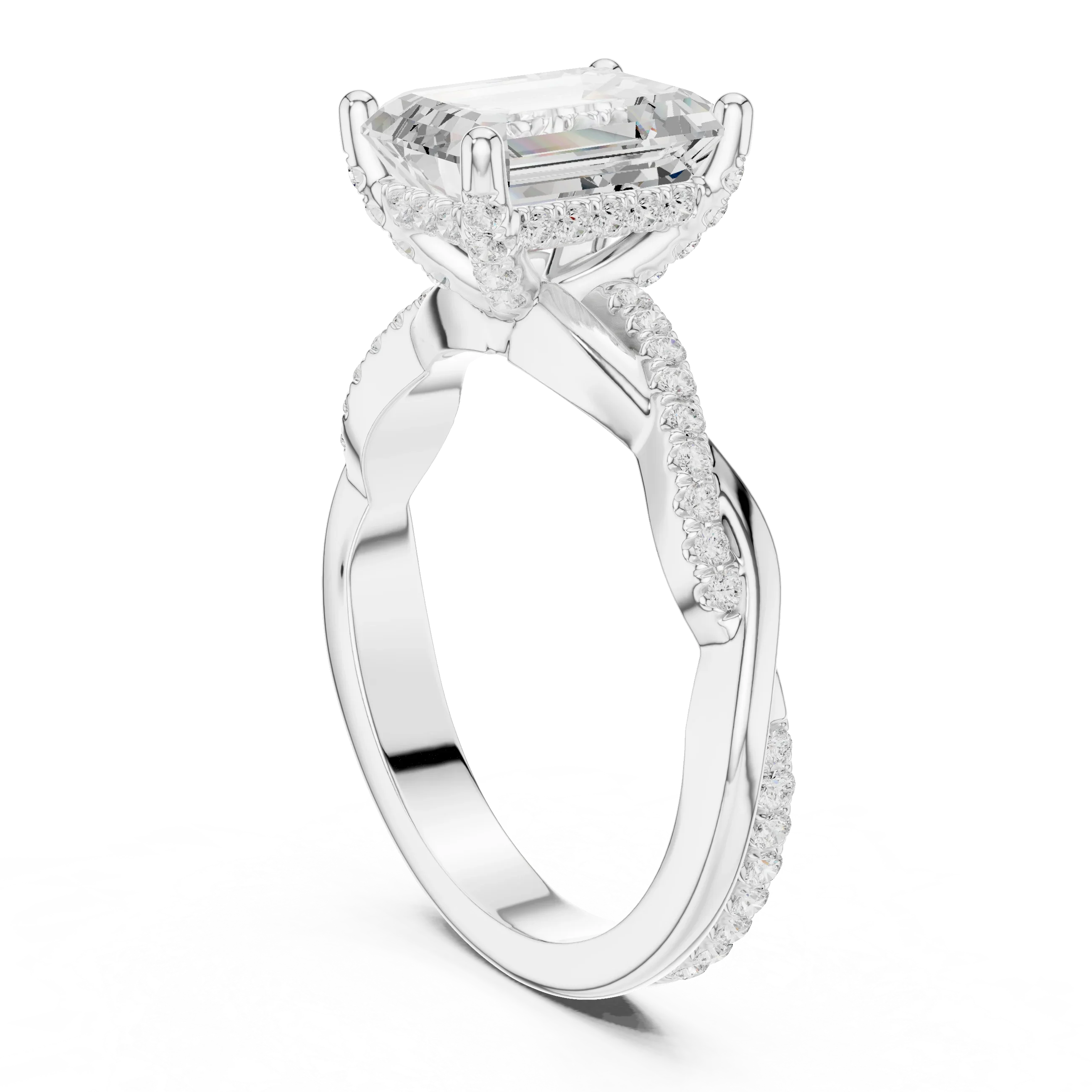Emerald Cut Hidden Halo 2.37 CT Twisted Infinity Pave Engagement Ring in 10K White Gold