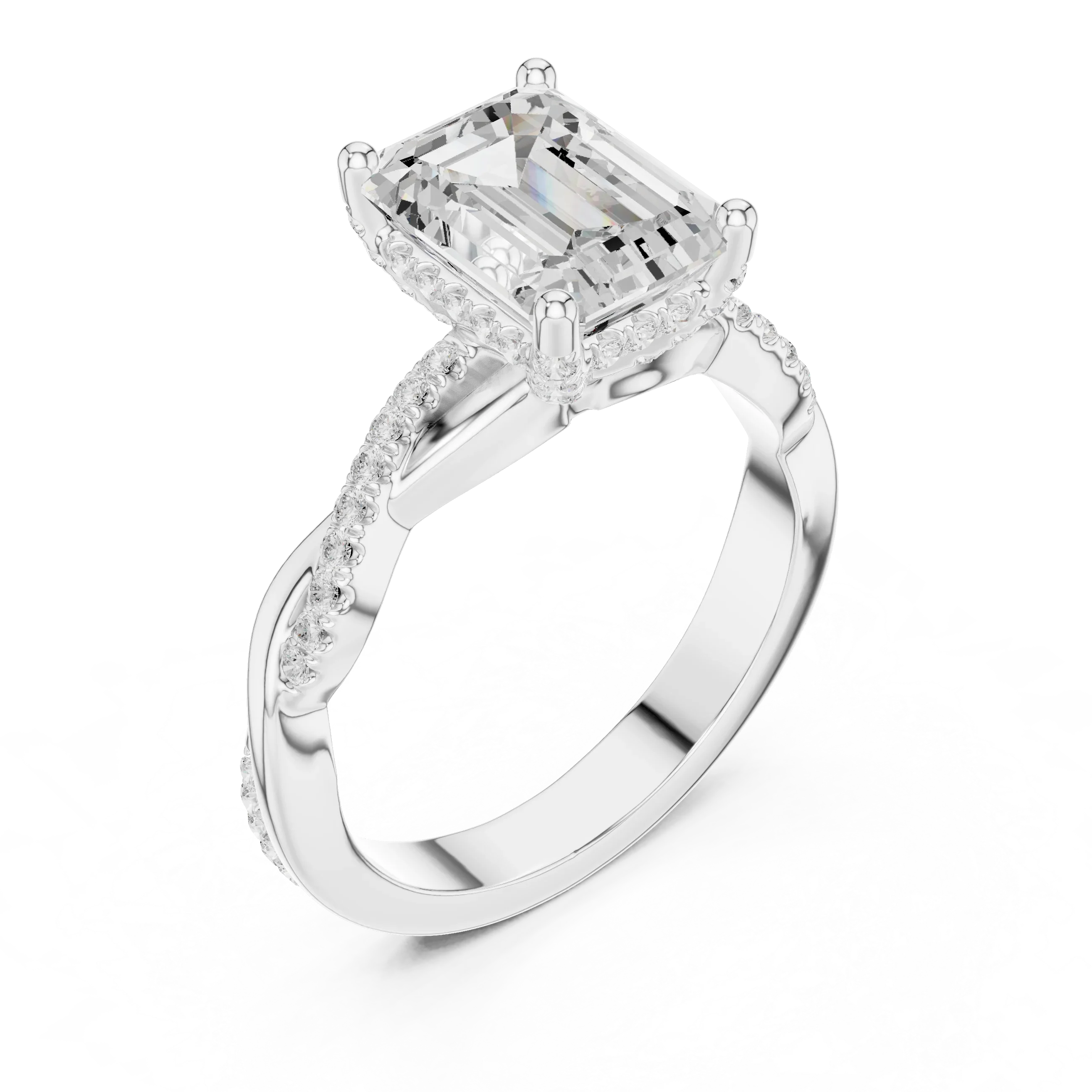 Emerald Cut Hidden Halo 2.37 CT Twisted Infinity Pave Engagement Ring in 10K White Gold