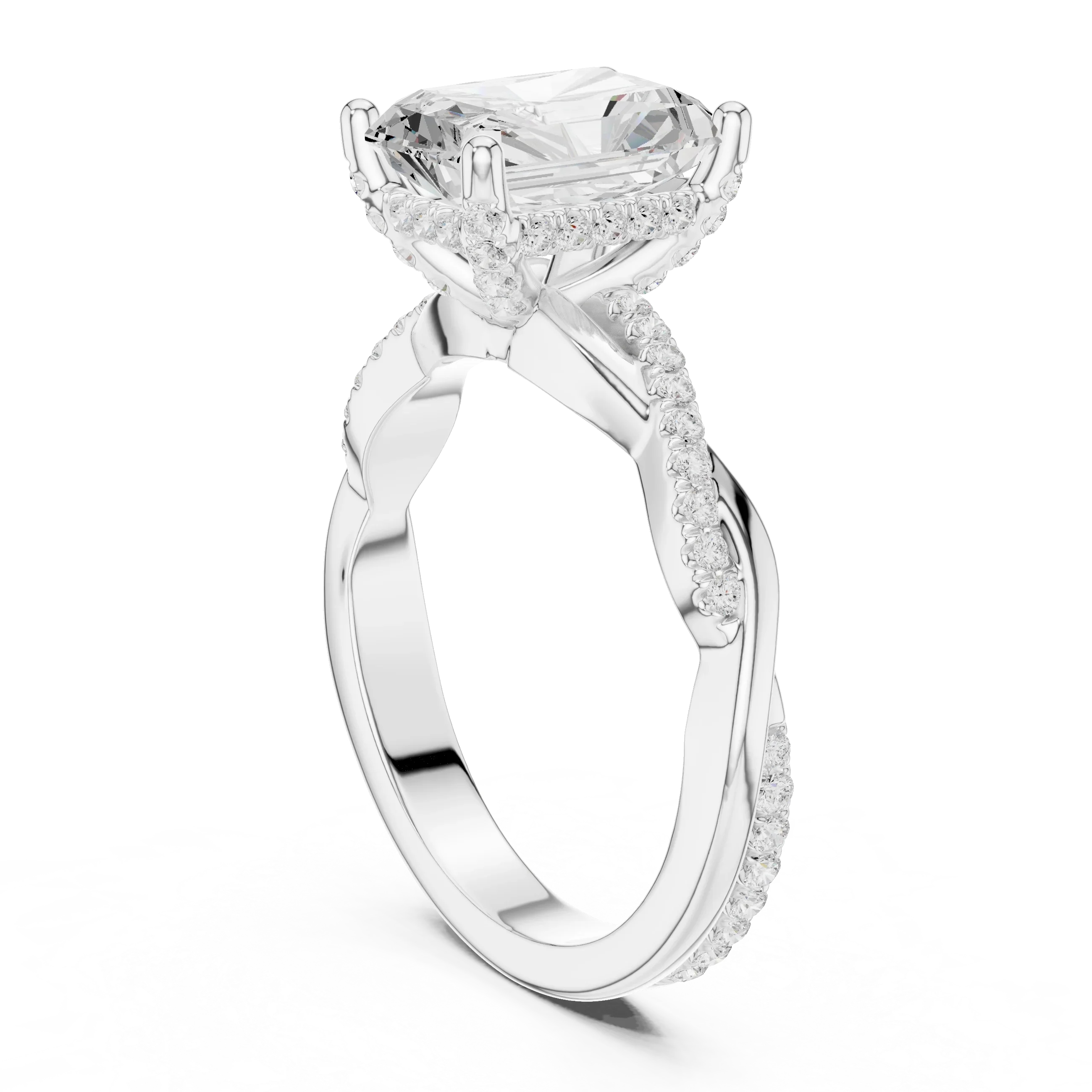 Radiant Cut Hidden Halo 2.37 CT Twisted Infinity Pave Engagement Ring in 10K White Gold