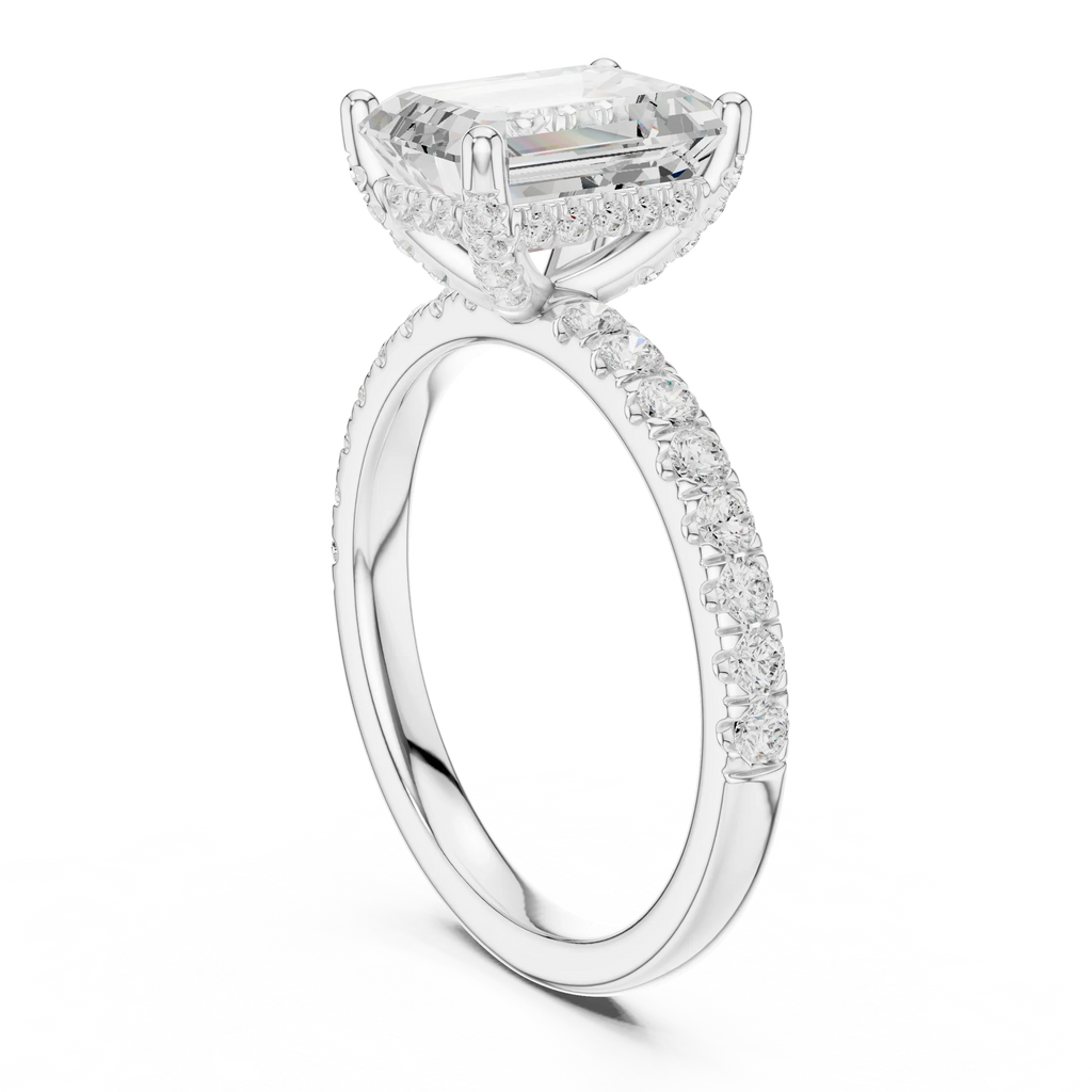 2.57 CT Emerald Cut Moissanite Hidden Halo Pave Set Band Wedding Ring