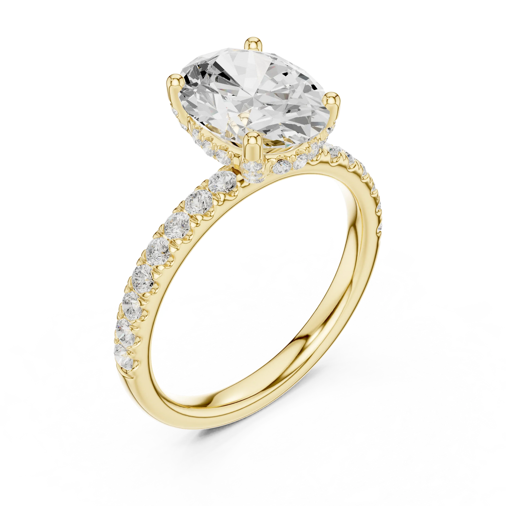 2.57 CT Oval Cut Moissanite Hidden Halo Pave Set Band Wedding Ring in 14K Yellow Gold