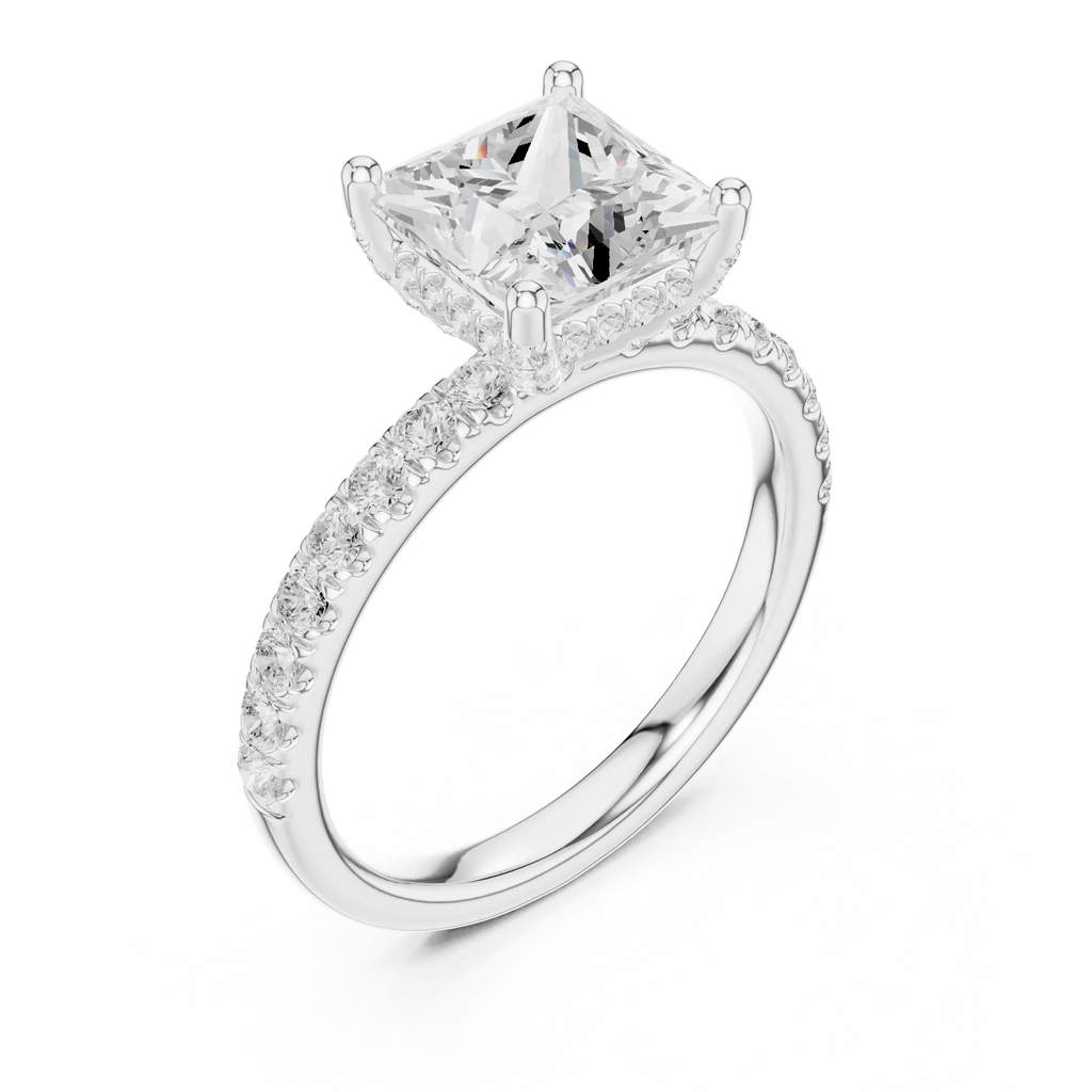 2.57 CT Princess Cut Moissanite Hidden Halo Pave Set Band Wedding Ring in 14K Yellow Gold