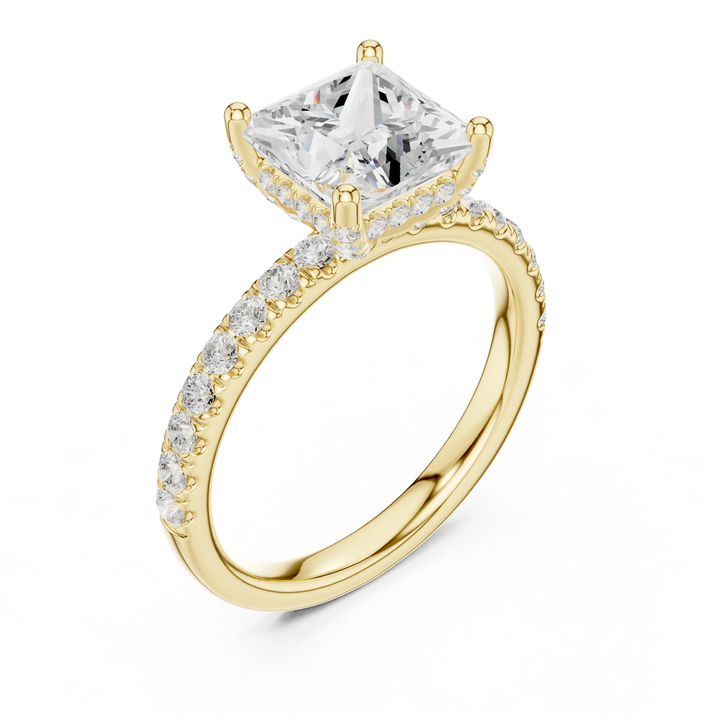 2.57 CT Princess Cut Moissanite Hidden Halo Pave Set Band Wedding Ring in 14K Yellow Gold