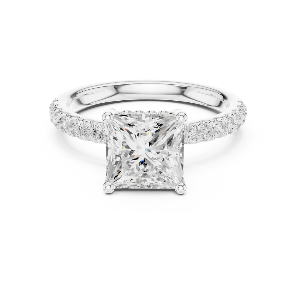 2.57 CT Princess Cut Moissanite Hidden Halo Pave Set Band Wedding Ring in 14K Yellow Gold