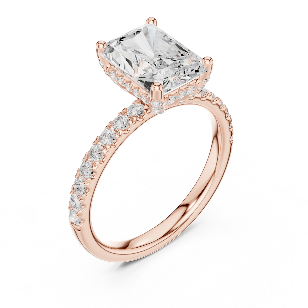2.57 CT Radiant Cut Moissanite Hidden Halo Pave Set Band Wedding Ring in 14K Yellow Gold