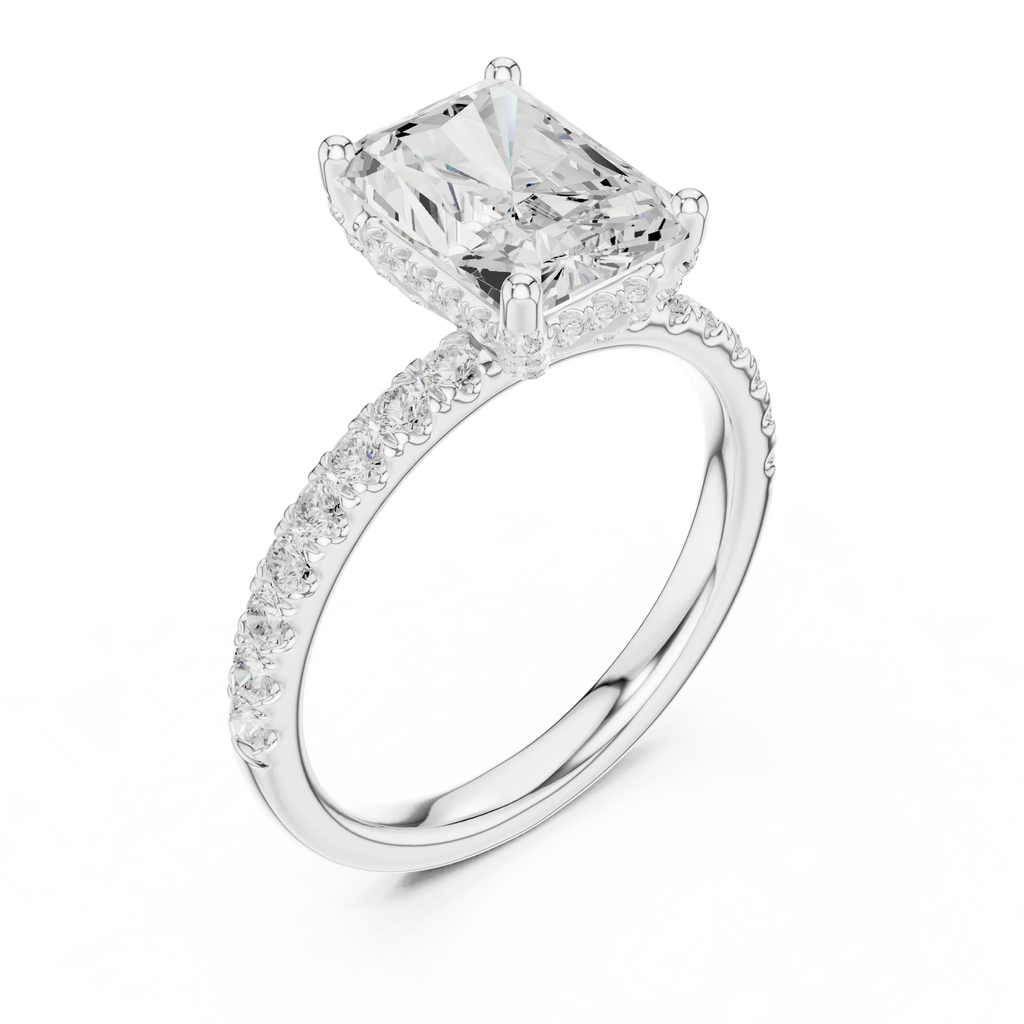 2.57 CT Radiant Cut Moissanite Hidden Halo Pave Set Band Wedding Ring in 14K Yellow Gold