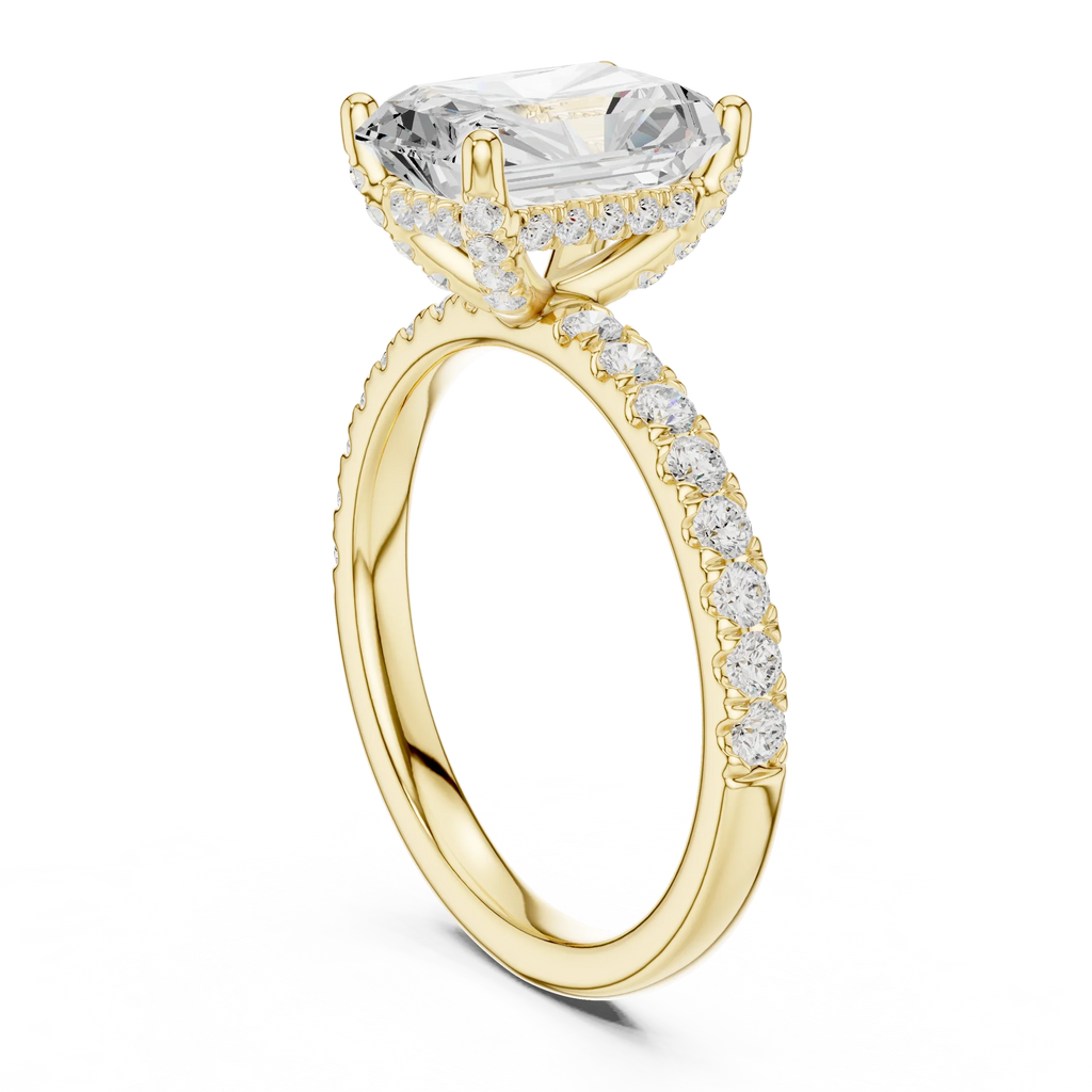 2.57 CT Radiant Cut Moissanite Hidden Halo Pave Set Band Wedding Ring in 14K Yellow Gold