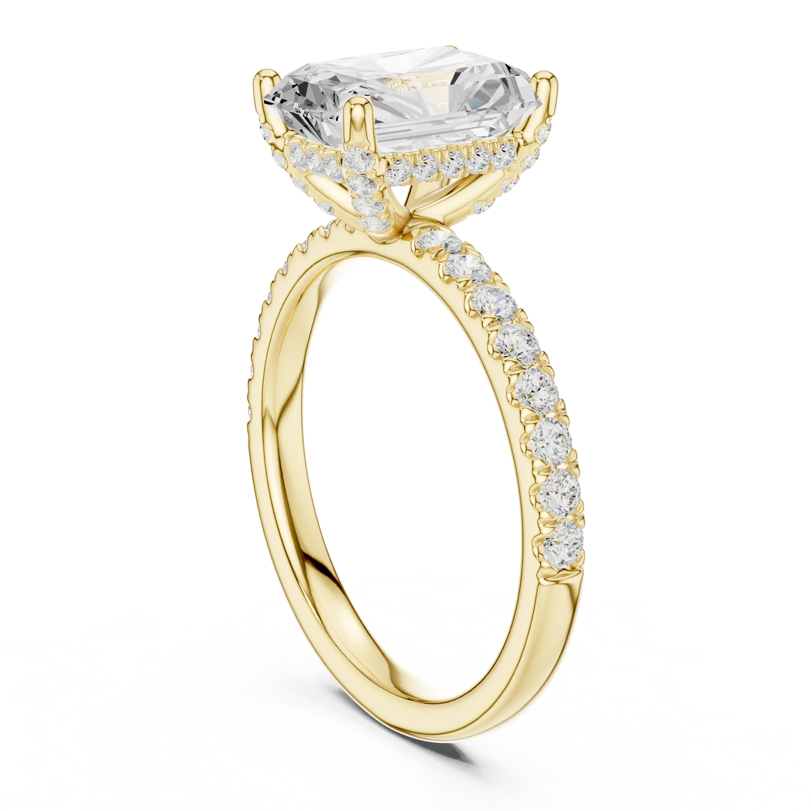 2.57 CT Radiant Cut Moissanite Hidden Halo Pave Set Band Wedding Ring in 14K Yellow Gold