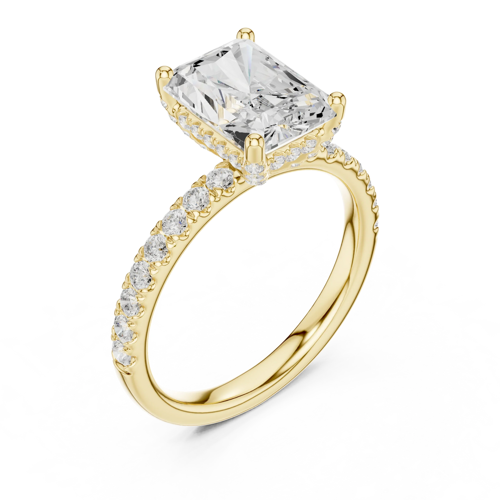 2.57 CT Radiant Cut Moissanite Hidden Halo Pave Set Band Wedding Ring in 14K Yellow Gold