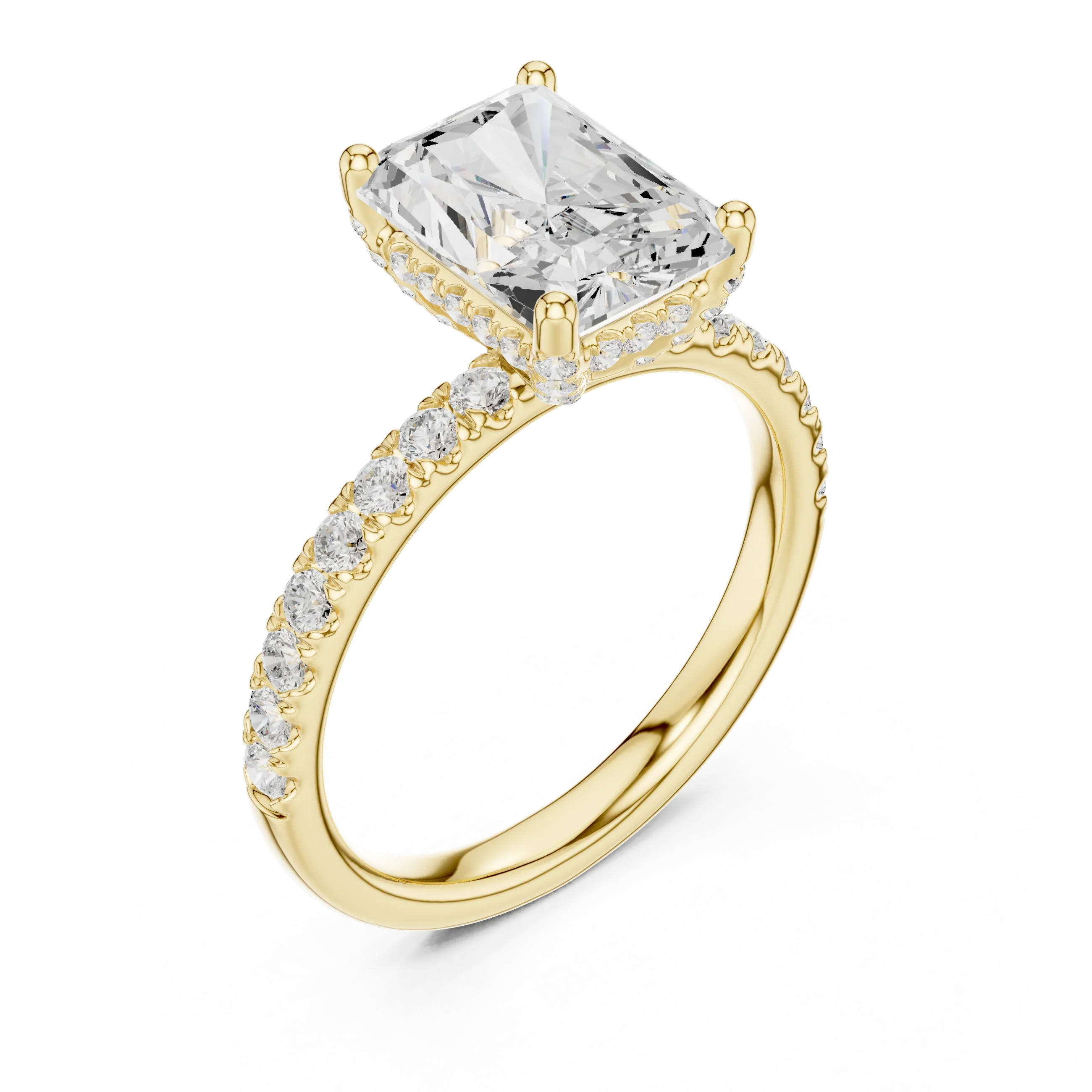 2.57 CT Radiant Cut Moissanite Hidden Halo Pave Set Band Wedding Ring in 14K Yellow Gold
