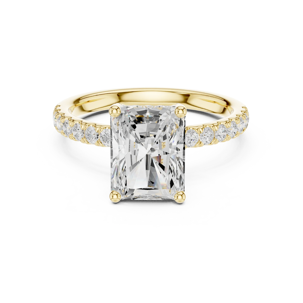 2.57 CT Radiant Cut Moissanite Hidden Halo Pave Set Band Wedding Ring in 14K Yellow Gold