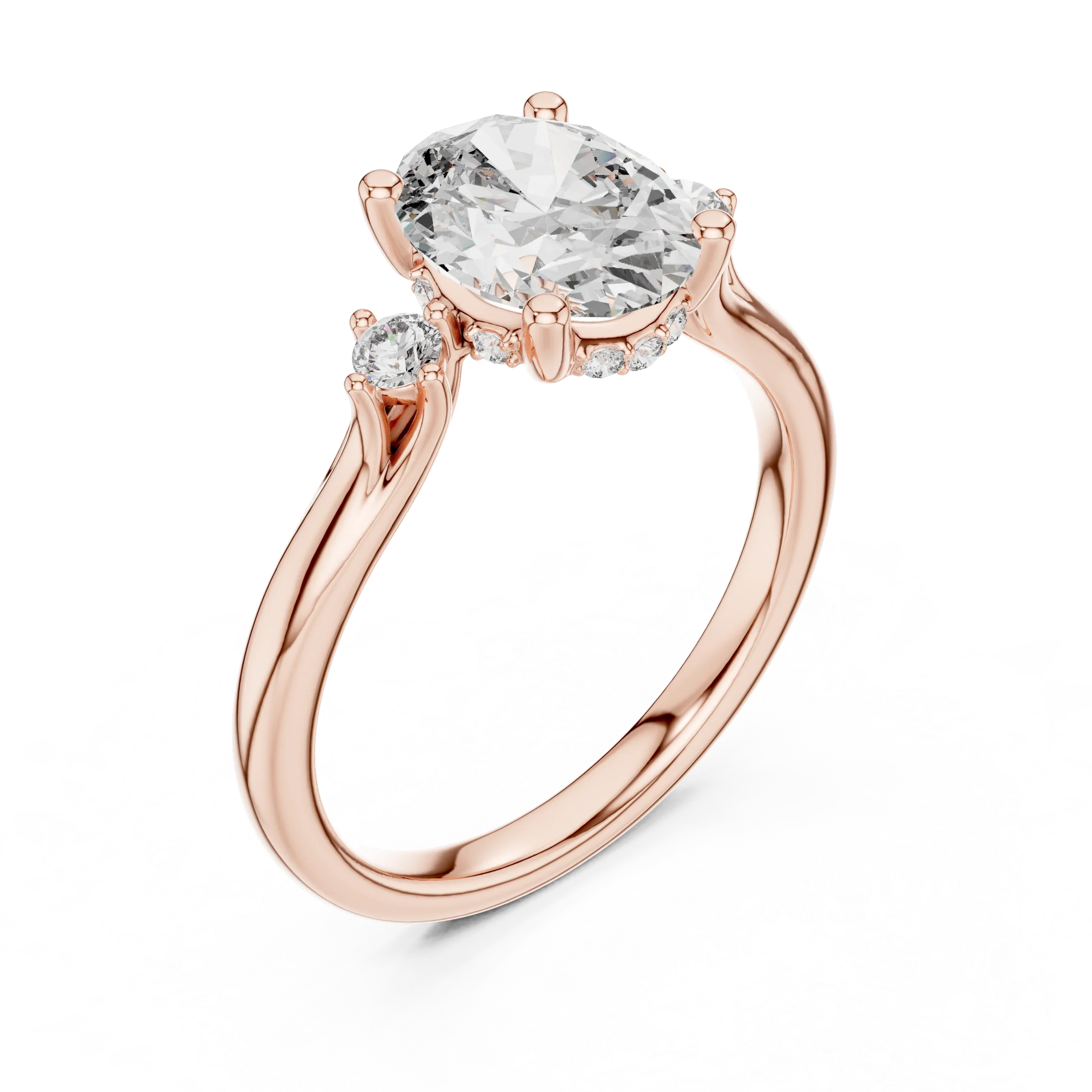 18K Gold Three-Stone Oval Moissanite Engagement Ring Handcrafted VVS1
