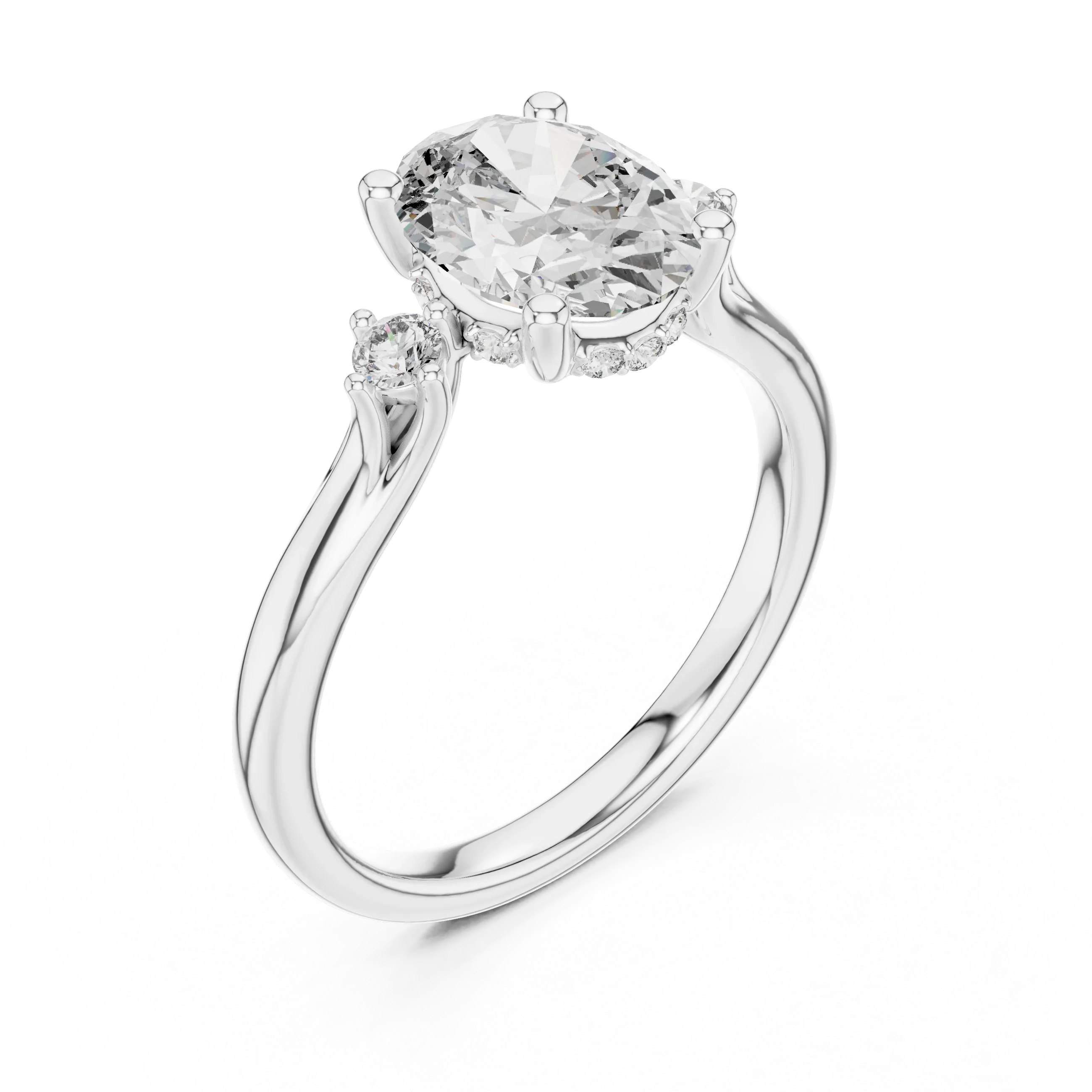 18K Gold Three-Stone Oval Moissanite Engagement Ring Handcrafted VVS1