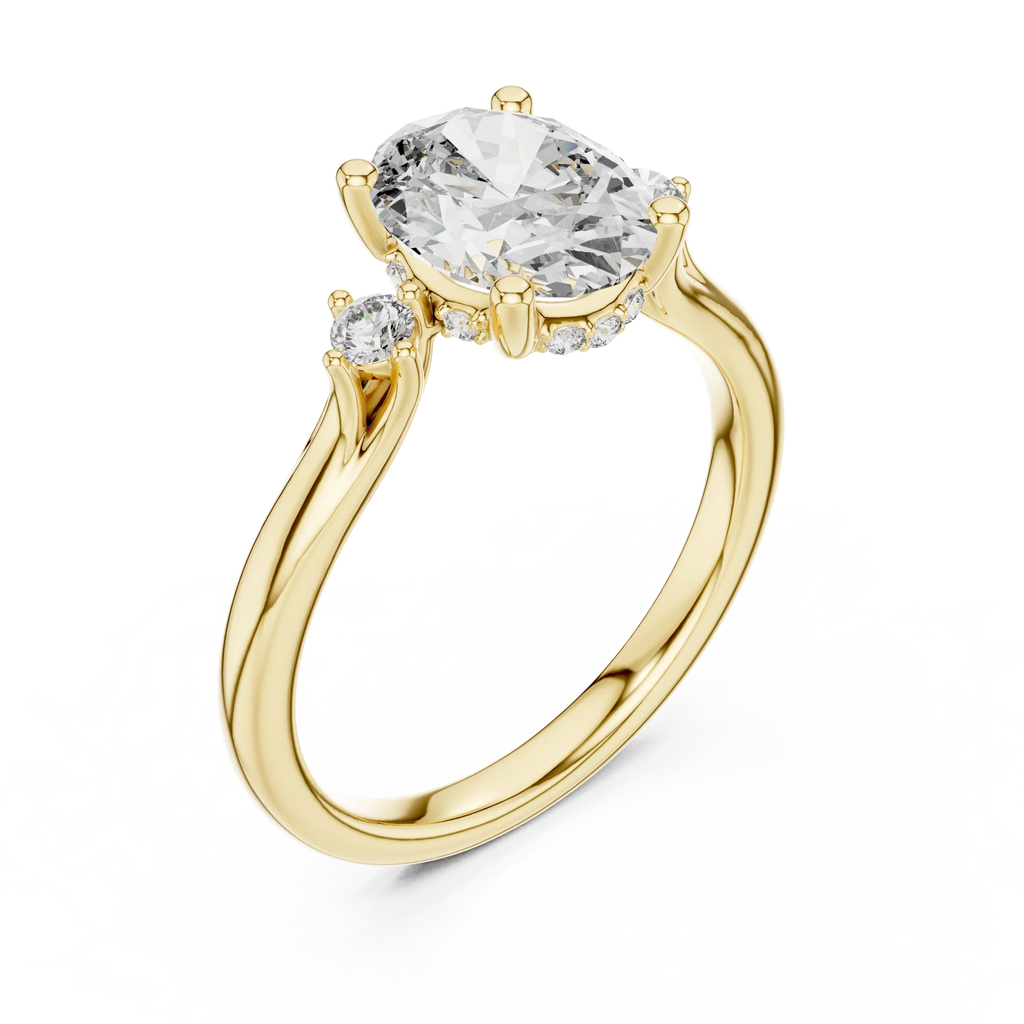 18K Gold Three-Stone Oval Moissanite Engagement Ring Handcrafted VVS1