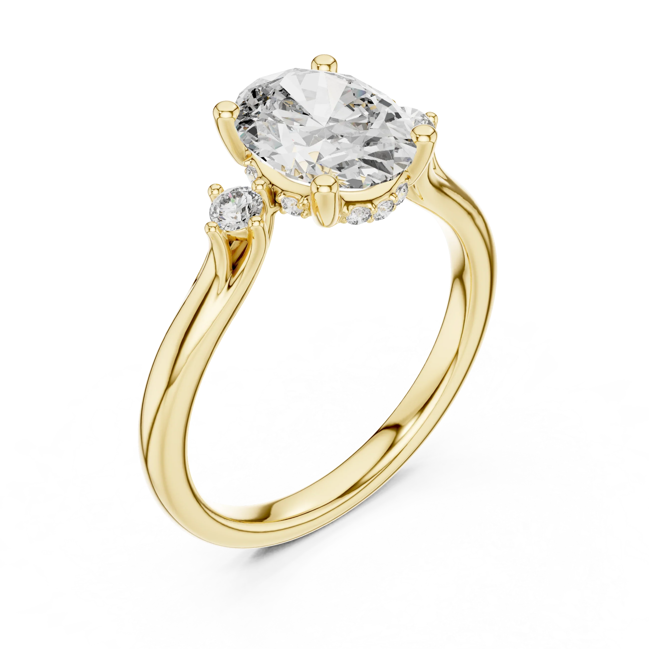 18K Gold Three-Stone Oval Moissanite Engagement Ring Handcrafted VVS1