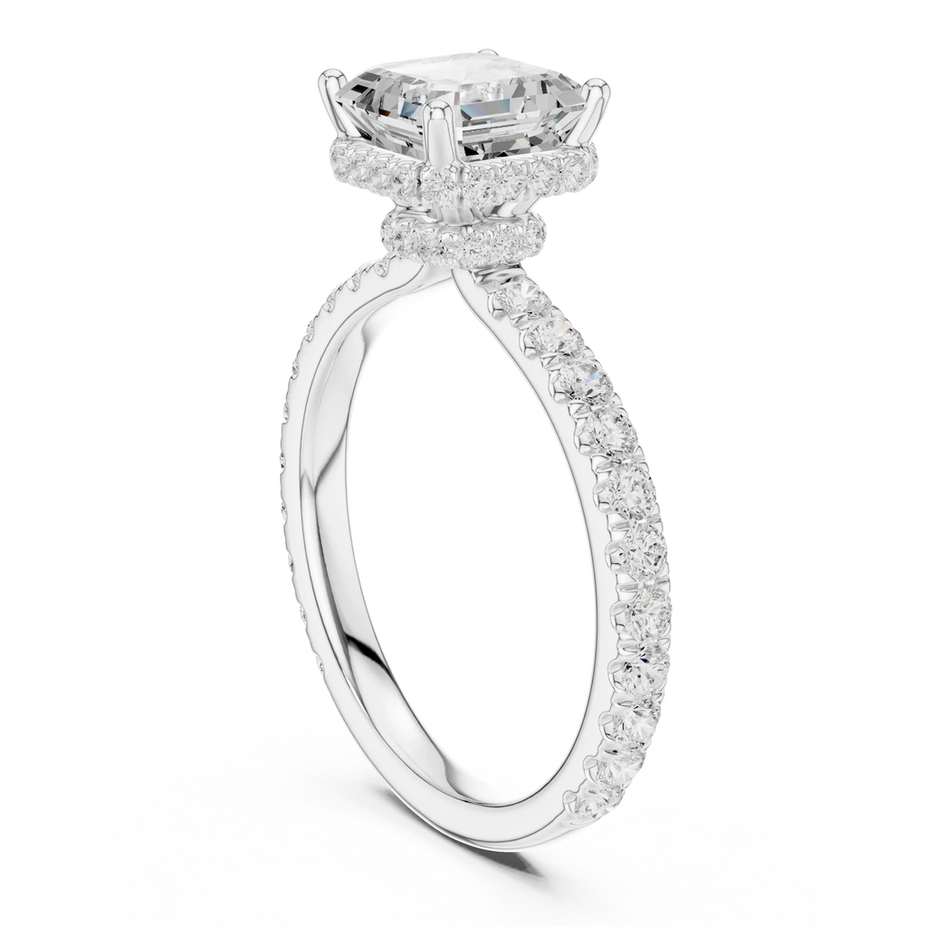 2.17 CT Asscher Cut Lab Grown Hidden Halo Pave Set 14K Gold Engagement Ring