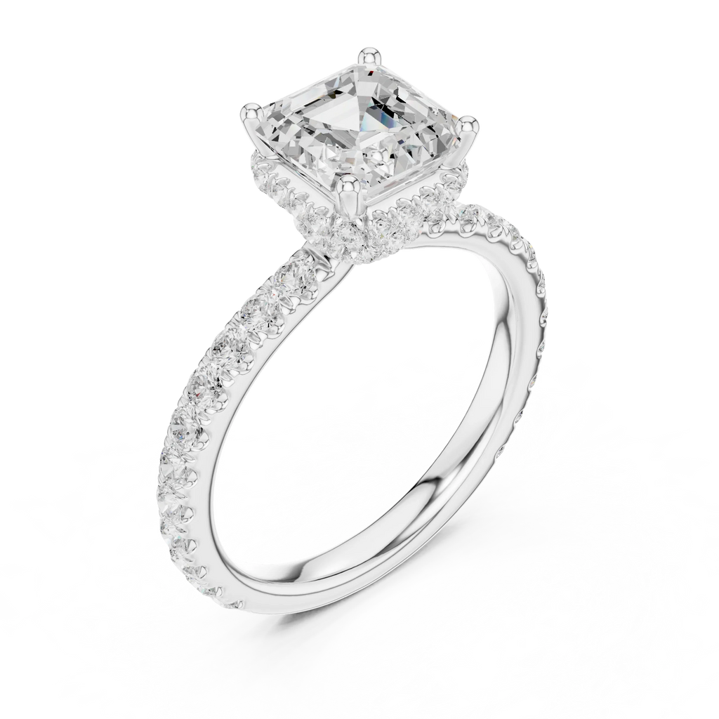 2.17 CT Asscher Cut Lab Grown Hidden Halo Pave Set 14K Gold Engagement Ring