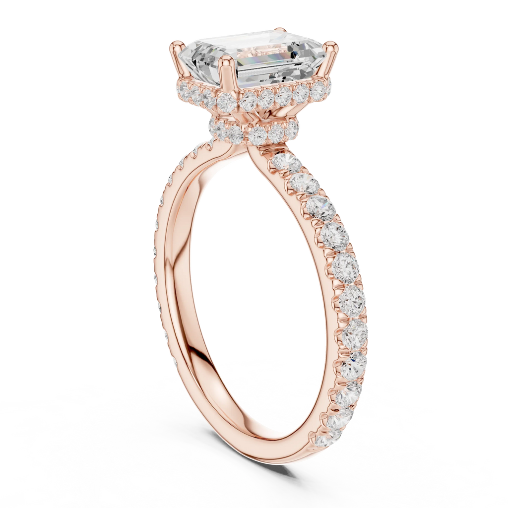 2.17 CT Emerald Cut Lab Grown Hidden Halo Pave Set 14K Gold Engagement Ring