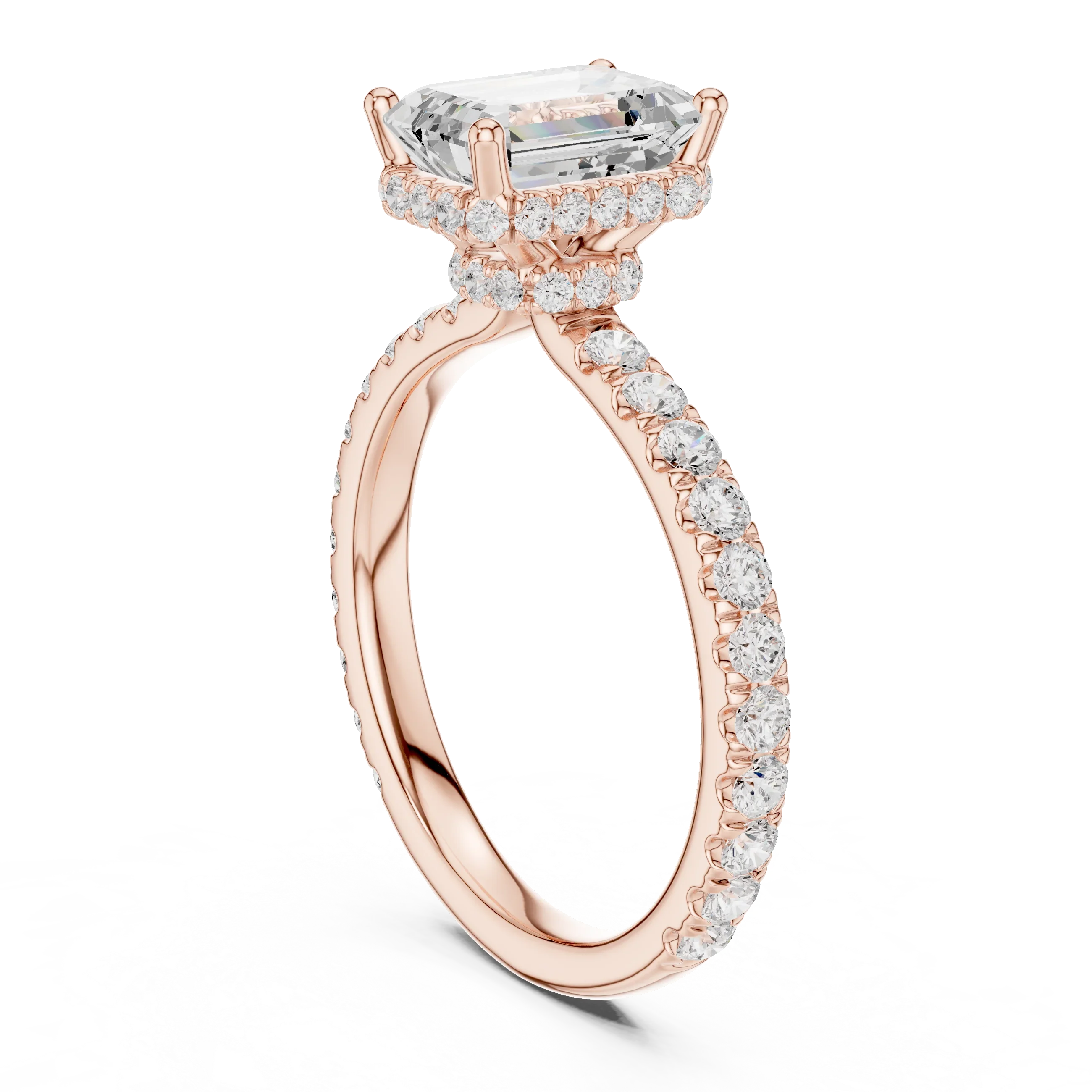 2.17 CT Emerald Cut Lab Grown Hidden Halo Pave Set 14K Gold Engagement Ring
