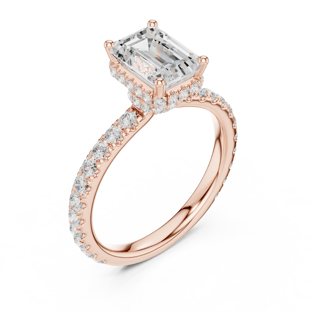2.17 CT Emerald Cut Lab Grown Hidden Halo Pave Set 14K Gold Engagement Ring