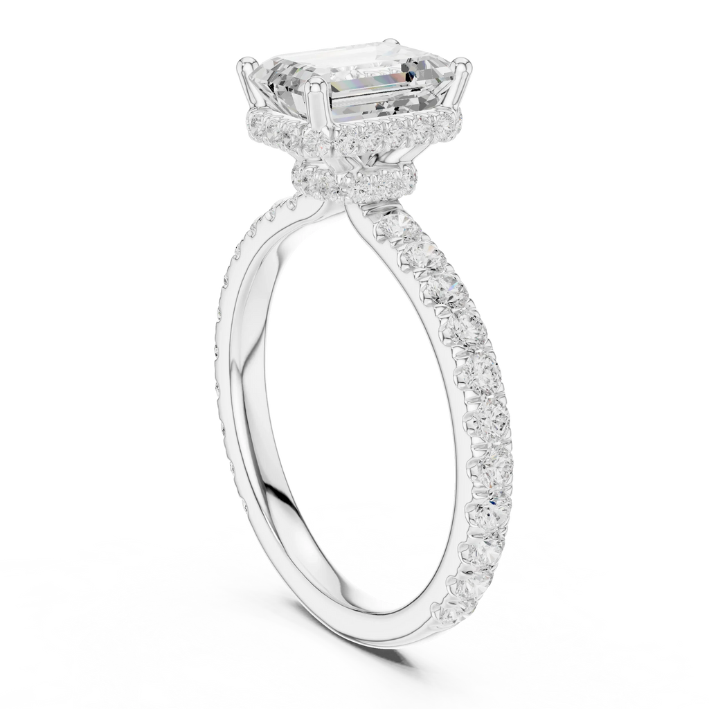 2.17 CT Emerald Cut Lab Grown Hidden Halo Pave Set 14K Gold Engagement Ring