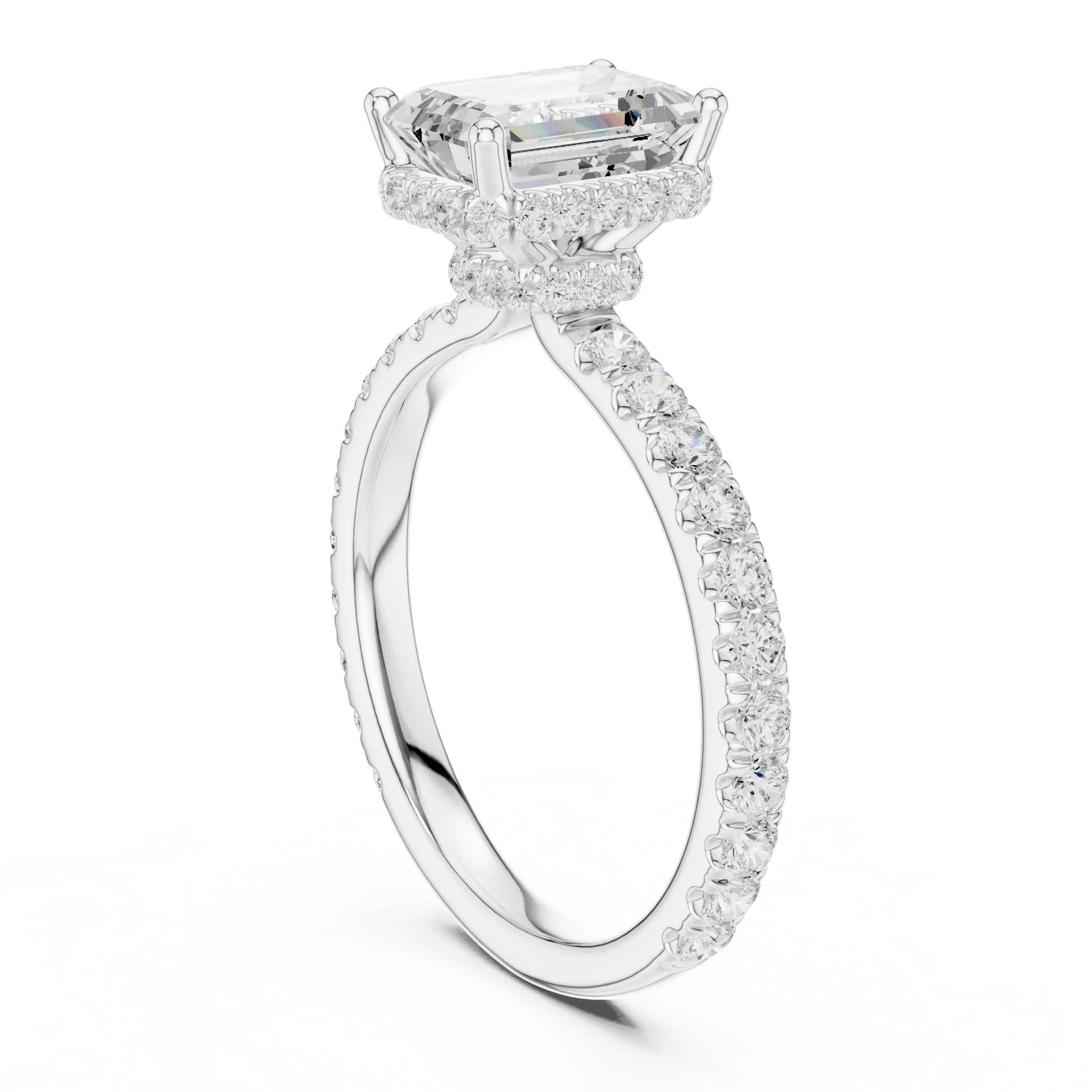 2.17 CT Emerald Cut Lab Grown Hidden Halo Pave Set 14K Gold Engagement Ring