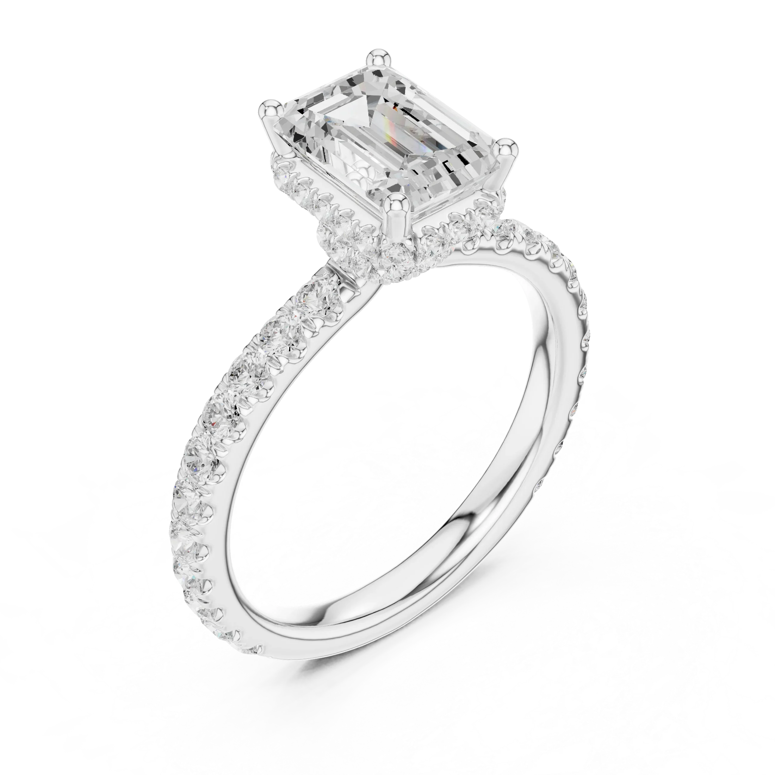 2.17 CT Emerald Cut Lab Grown Hidden Halo Pave Set 14K Gold Engagement Ring