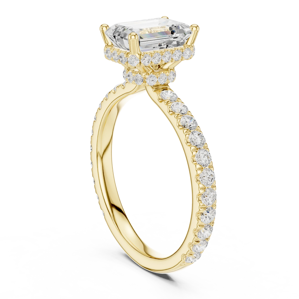 2.17 CT Emerald Cut Lab Grown Hidden Halo Pave Set 14K Gold Engagement Ring