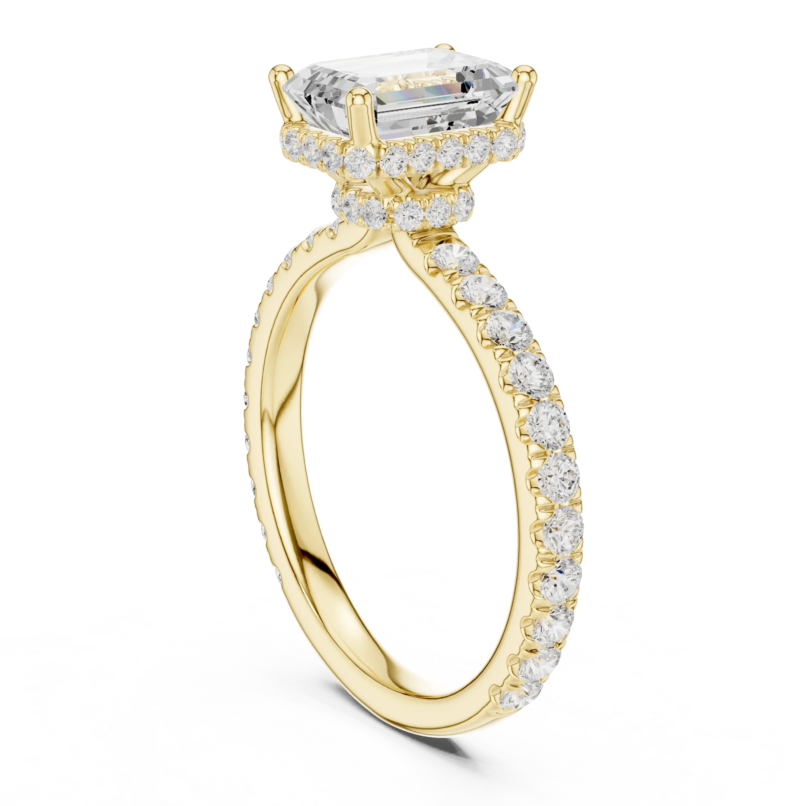 2.17 CT Emerald Cut Lab Grown Hidden Halo Pave Set 14K Gold Engagement Ring