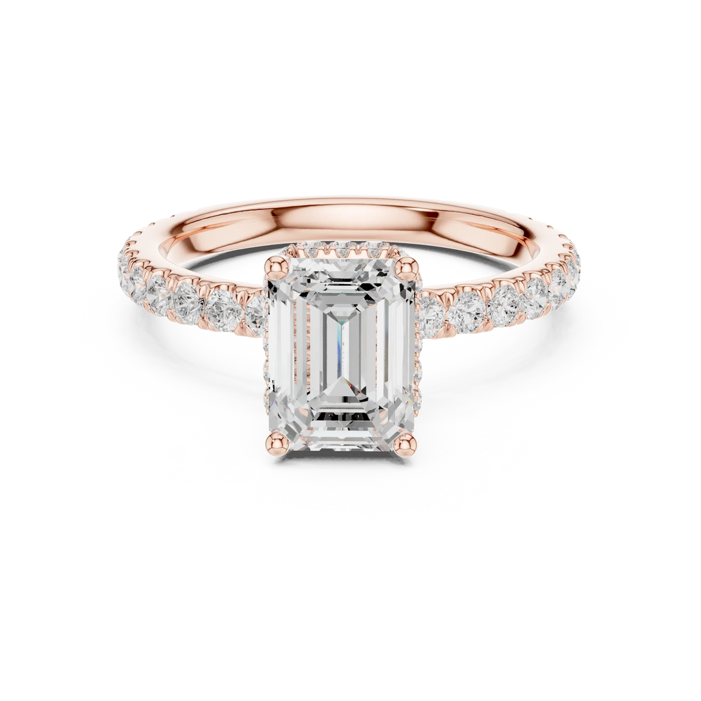 2.17 CT Emerald Cut Lab Grown Hidden Halo Pave Set 14K Gold Engagement Ring