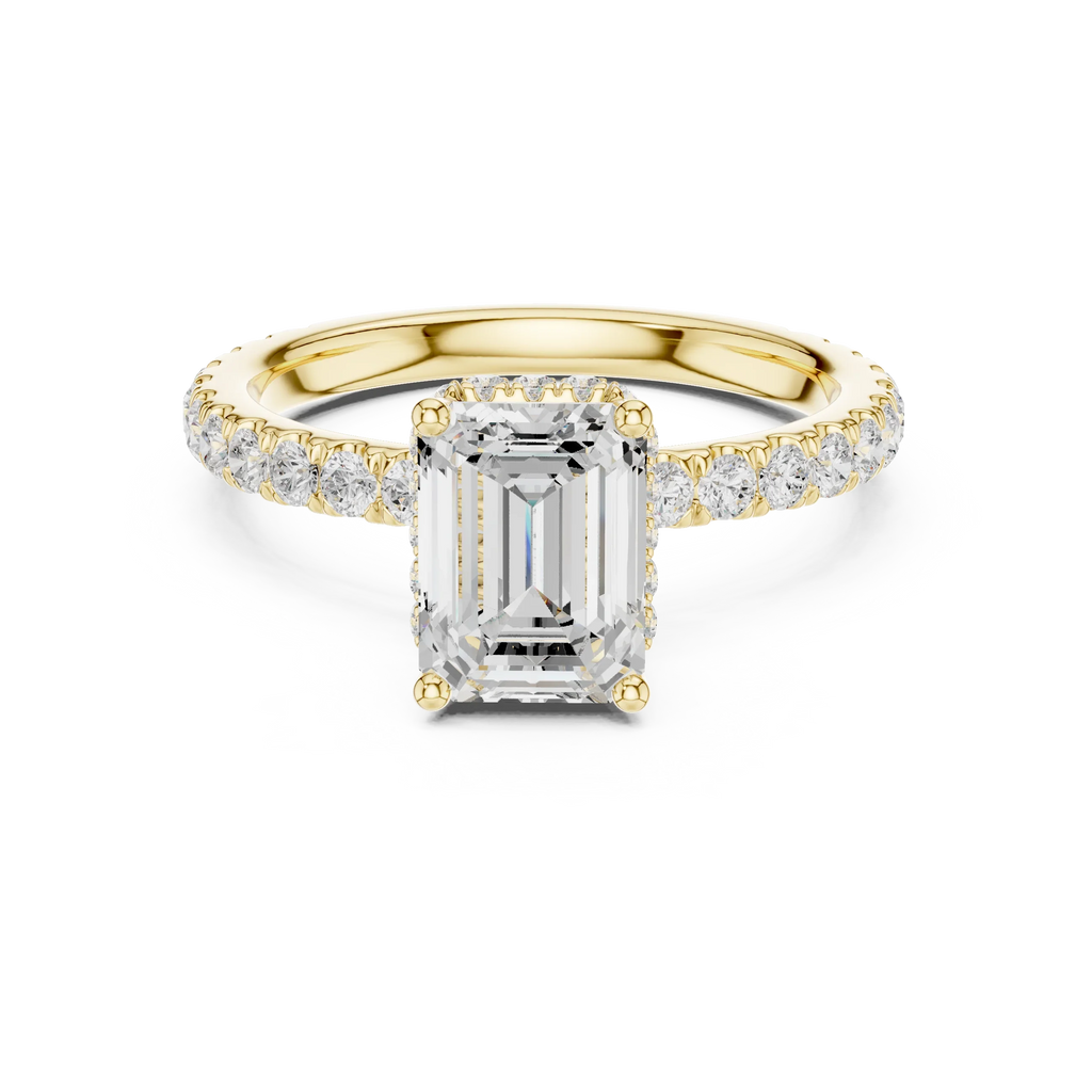 2.17 CT Emerald Cut Lab Grown Hidden Halo Pave Set 14K Gold Engagement Ring